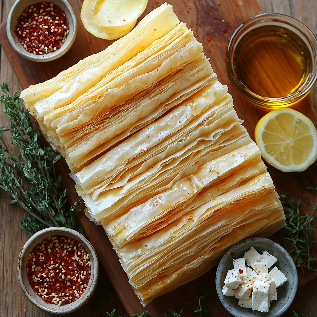 phyllo dough sheets neatly stacked and slightly fanned out, pale golden and delicate with thin, crisp edges; feta cheese cut into uniform sticks, creamy white with crumbly texture visible; small glass bowl filled with amber honey mixed with red chili flakes and smoked paprika, glistening and thick; tiny ceramic bowls containing smoked paprika powder (deep red), chili flakes (fiery red flakes), and a drizzle of fresh olive oil with a glossy sheen; a small wedge of lemon with bright yellow skin and juicy pulp; a small dish of toasted sesame seeds and a sprig of fresh thyme with vibrant green leaves; all ingredients carefully arranged on a clean, light wooden surface with soft natural daylight emphasizing textures and colors, slight shadows for depth, minimal rustic props and no clutter for a fresh, inviting composition — overhead shot, top down view, flat lay photography, professional food styling --ar 1:1 --q 2 --s 750 --v 6.1