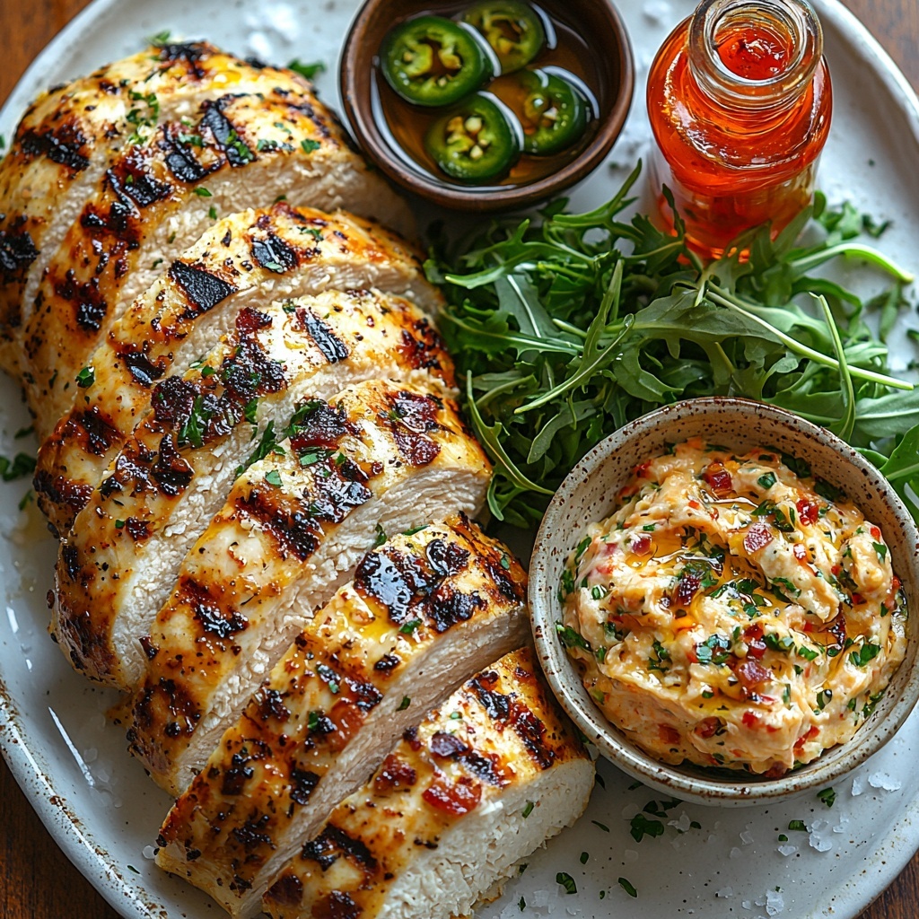 boneless skinless chicken breasts, grilled and sliced with slight char marks, creamy orange pimento cheese in a small rustic bowl with visible shredded cheese texture, golden crispy bacon strips arranged neatly, bright green fresh arugula leaves loosely piled, two toasted hoagie rolls halved showing crisp golden-brown interiors, sliced vibrant green pickled jalapeños with seeds visible, small dish of amber olive oil with a glossy surface, salt and pepper scattered lightly around for texture, optional small bottle of red hot sauce with a slight sheen on the glass, all ingredients arranged artfully on a clean white marble surface to enhance colors and textures, natural soft daylight lighting casting gentle shadows, minimalist styling with slight rustic touches, overhead shot, top down view, flat lay photography, professional food styling --ar 1:1 --q 2 --s 750 --v 6.1