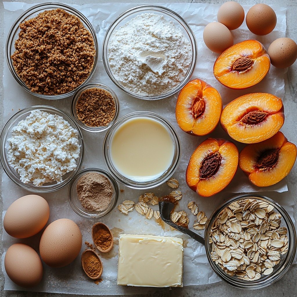 A flat lay of all main ingredients for peach cobbler cheesecake arranged neatly on a clean white surface. Small clear glass bowls with graham cracker crumbs, granulated sugar, brown sugar, and all-purpose flour, each showcasing their distinct textures and colors: golden crumbs, white and tan sugars, and light beige flour. A small ramekin with melted unsalted butter gleaming in soft light. Rolled oats scattered loosely near a pat of softened unsalted butter on parchment paper, showing creamy texture and softness. Fresh peeled and sliced peaches, vibrant orange with delicate juice glistening, arranged in a small shallow bowl and fanned out on the surface. A smooth block of cream cheese softened, resting on a small plate with a vintage butter knife. Three large eggs nestled naturally on the side with warm brown shells. A small bottle or mini jar of vanilla extract with amber liquid visible. A teaspoon spoon holding cinnamon powder with warm reddish-brown color sits near the peaches. The composition styled with natural light, soft shadows, and minimal props for a fresh, inviting, and clean aesthetic, emphasizing the variety of textures and warm colors from golden browns to creamy whites and vibrant peaches. Overhead shot, top down view, flat lay photography, professional food styling --ar 1:1 --q 2 --s 750 --v 6.1