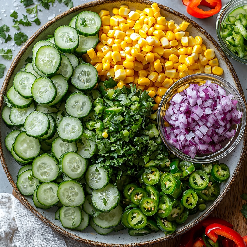 A clean, bright white surface featuring freshly sliced cucumbers in thin rounds and half-moons arranged neatly in a small clear bowl; vibrant yellow corn kernels heaped beside the cucumbers on a rustic ceramic plate; diced red bell pepper in a small white dish showcasing glossy, crisp texture; finely chopped deep purple-red onion placed carefully in a glass ramekin; a small pile of bright green chopped fresh cilantro scattered artfully nearby; a tiny bowl of finely chopped green jalapeño with visible seeds for spice; a small glass bowl containing golden olive oil with a subtle shimmer; a clear glass bowl with freshly squeezed lime juice bright and slightly pulpy; salt and freshly ground black pepper crystals sprinkled lightly on a wooden spoon; all ingredients spaced evenly on the surface with natural soft daylight highlighting their vivid colors and fresh textures; minimal shadows, clean and airy styling with a light linen napkin folded nearby and a simple wooden cutting board underneath some bowls to add warmth and contrast; gentle reflections on glass and ceramic bowls to enhance the freshness and realism, overhead shot, top down view, flat lay photography, professional food styling --ar 1:1 --q 2 --s 750 --v 6.1