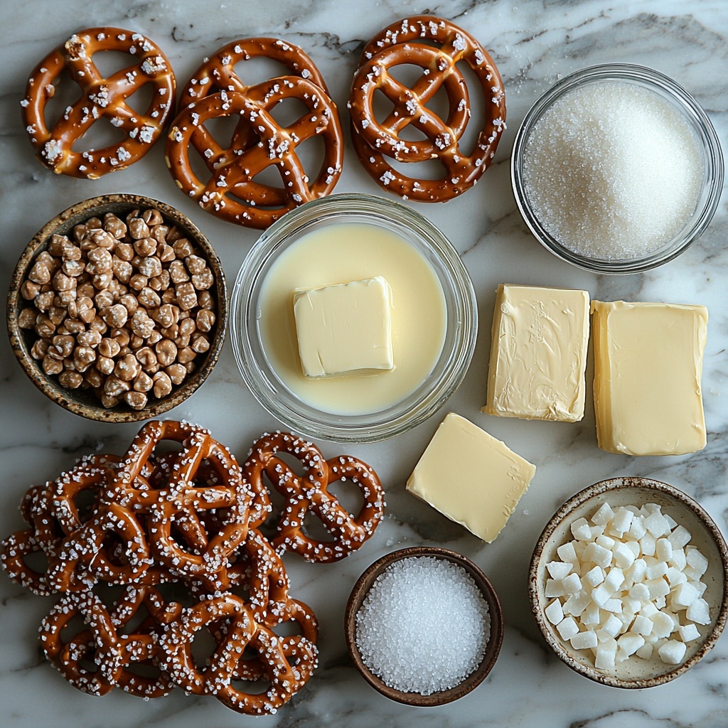 granulated sugar in a small clear glass bowl showing fine white crystals, softened salted butter in a vintage butter dish with a smooth creamy texture, a small glass measuring cup filled with thick heavy cream at room temperature, a rustic bag of salted pretzels spilling some pretzels onto the surface, twisted pretzels with a golden brown color and coarse salt grains visible, a bowl of melted milk semi-sweet chocolate with a glossy, rich, smooth texture, a small ramekin of flaky sea salt with delicate, irregular crystals, all ingredients arranged separately but harmoniously spaced on a clean white marble surface with soft natural lighting, subtle shadows enhancing textures, styled with a few loose pretzels and a butter knife slightly smudged with caramel to add a lived-in artisanal feel, focus on color contrast between warm browns and creamy whites, overhead shot, top down view, flat lay photography, professional food styling --ar 1:1 --q 2 --s 750 --v 6.1
