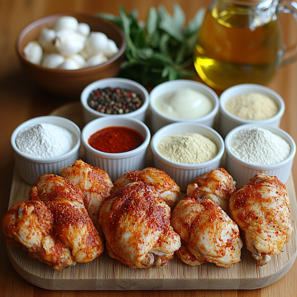 whole chicken pieces (3–4 lbs), 2 cups buttermilk in a rustic glass bowl, small bowl of red hot sauce, 2 cups all-purpose flour in a white ceramic bowl, 1/2 cup fine cornstarch in a small bowl, spices arranged in small white ramekins including paprika (bright red powder), garlic powder (pale yellow), onion powder (off-white), cayenne pepper (deep red), salt and black pepper (coarse grains), sprigs of fresh herbs (like thyme) for color contrast, a small glass pitcher of golden vegetable oil, all ingredients neatly spaced and artfully arranged on a clean, light-colored wooden surface with gentle natural lighting highlighting the varied textures—from the smooth creaminess of buttermilk, the powdery spices, the roughness of flour and cornstarch, to the raw chicken skin with natural marbling. Shadows soft and minimal, composition balanced and inviting, styled with subtle rustic Southern charm. overhead shot, top down view, flat lay photography, professional food styling --ar 1:1 --q 2 --s 750 --v 6.1