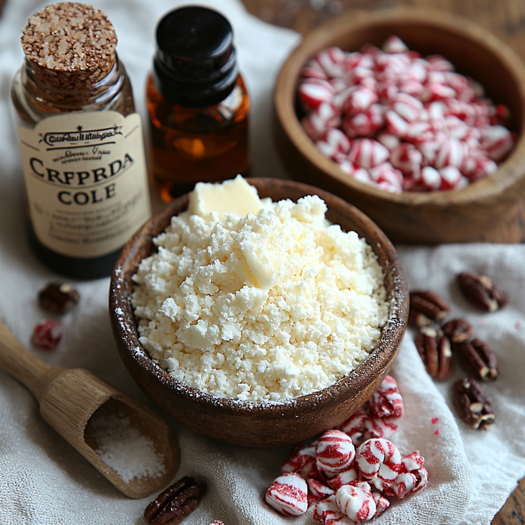 Softened unsalted butter in a small glass bowl showing creamy, pale yellow texture; a fine mound of white powdered sugar in a rustic ceramic dish with extra powder dusted gently around; a small glass bottle of vanilla extract with amber liquid visible; a tiny vial of clear peppermint extract next to crushed bright red and white peppermint candies in a delicate porcelain bowl; neat piles of pale beige all-purpose flour and fine salt on a clean white surface; a small wooden bowl filled with finely chopped pecans and walnuts, showcasing rich brown tones and rough textures; a scattering of glossy mini dark chocolate chips spread artfully nearby; crushed peppermint candy shards adding vibrant red and white contrast; all ingredients carefully spaced and balanced on a smooth, clean light wood or white background, with natural soft daylight highlighting textures and subtle shadows for depth, styled with minimal rustic props like a linen napkin and a wooden scoop to evoke cozy festive baking vibes—overhead shot, top down view, flat lay photography, professional food styling --ar 1:1 --q 2 --s 750 --v 6.1