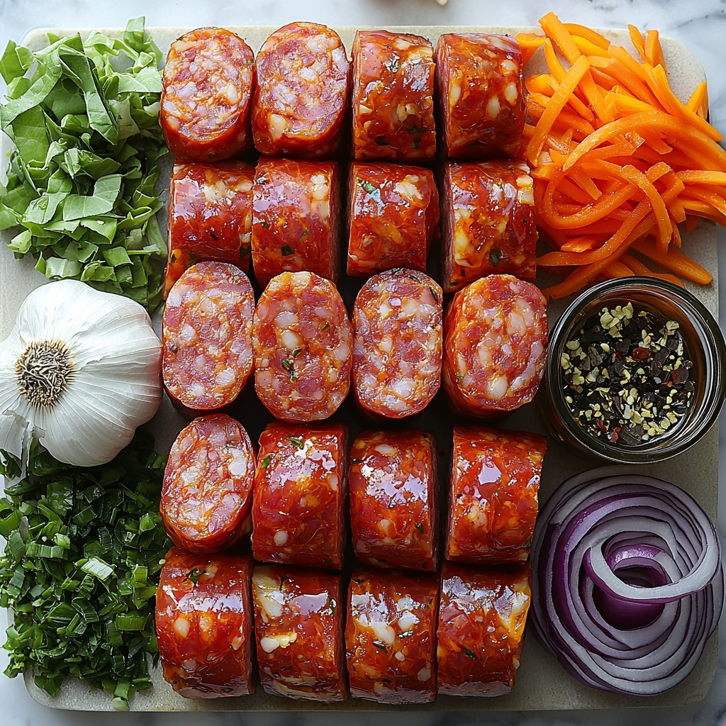 smoked sausage slices arranged in a neat semi-circle showing the rich, reddish-brown, glossy texture; shredded green cabbage piled loosely with visible bright and pale green leaves; vibrant sliced red bell pepper strips fanned out for color contrast; thinly sliced white and purple onion rings overlapping softly; two cloves of garlic, one whole and one minced, displayed on a small wooden spoon; a small drizzle of golden olive oil pooled gently in a clear glass dish; thin julienned orange carrot strips laid in a tidy bundle; small heap of coarse salt and ground black pepper in white porcelain spoons; a tiny rustic bowl holding red pepper flakes with deep red hues; small bottle of soy sauce and Worcestershire sauce with minimal labels, positioned to the side; all ingredients arranged thoughtfully on a clean white textured surface with soft natural light creating delicate shadows and highlighting colors and textures; minimal props to keep focus on fresh, raw ingredients; overhead shot, top down view, flat lay photography, professional food styling --ar 1:1 --q 2 --s 750 --v 6.1