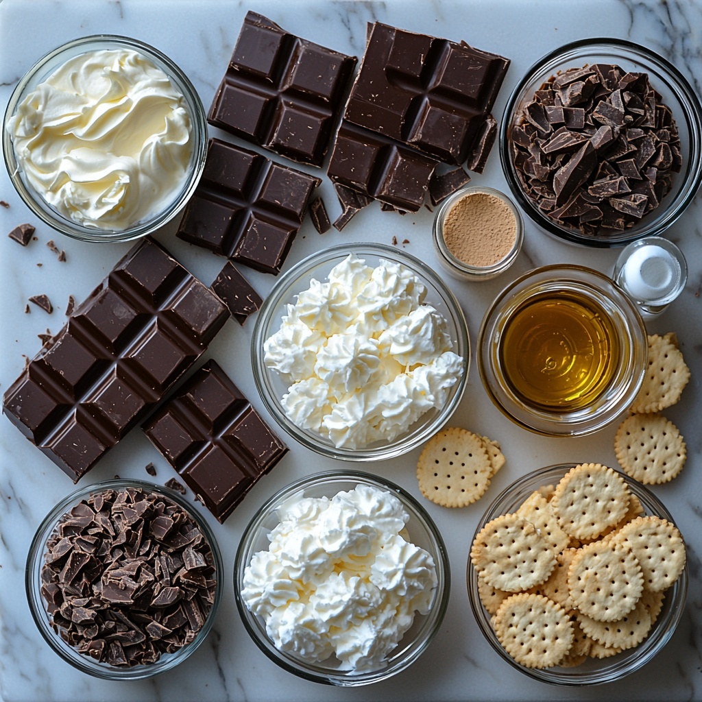 Dark chocolate bars and chopped pieces (60–70% cocoa), smooth mascarpone cheese in a small white bowl, airy whipped heavy cream in glass bowls, fine white powdered sugar sprinkled gently around, vanilla extract in a small glass bottle with cork, golden melted unsalted butter in a clear ramekin, whole and crushed digestive biscuits or graham crackers scattered artfully, granulated sugar crystals shimmering subtly, clear glucose syrup in a small glass jar, translucent cold water in a measuring cup, gelatin powder delicately heaped on a wooden spoon, all arranged neatly on a clean white marble surface with soft natural light casting gentle shadows, hints of warm wood and linen napkins in the edges for texture contrast, minimalistic and elegant styling emphasizing rich browns, creamy whites, and warm golden hues, light reflection highlighting glossy chocolate and creamy textures, overhead shot, top down view, flat lay photography, professional food styling --ar 1:1 --q 2 --s 750 --v 6.1