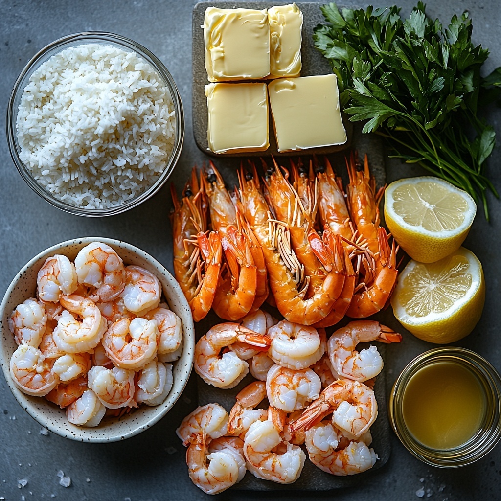 A clean, bright surface showcasing the main ingredients for Garlic Butter Shrimp Rice arranged neatly in a flat lay: a small clear bowl of white uncooked rice with fine grains, a glass measuring cup filled with clear water, a small pile of coarse salt crystals, golden yellow butter pats stacked on a white ceramic dish, several plump pink shrimp peeled and deveined with a subtle sheen, a small heap of finely minced garlic cloves with a creamy off-white color, a small white ramekin filled with smooth, rich heavy cream, a glass bowl with bright fresh lemon juice glowing yellow, and a small bunch of fresh parsley with vibrant green leaves and delicate texture. The ingredients are spaced evenly with natural soft lighting highlighting the colors and textures, subtle shadows adding depth, minimal props, and a neutral background to keep focus on the ingredients. Overhead shot, top down view, flat lay photography, professional food styling --ar 1:1 --q 2 --s 750 --v 6.1