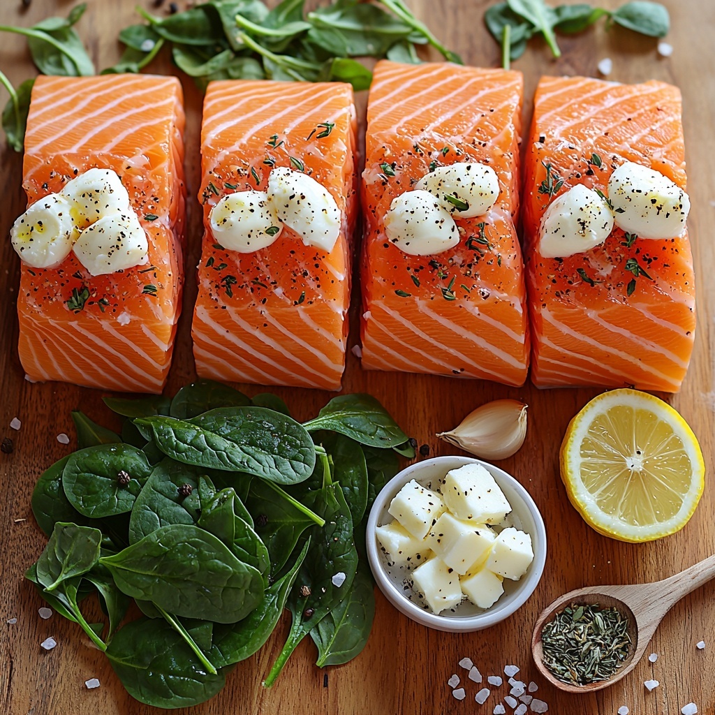 4 salmon fillets with bright orange-pink flesh and visible marbling, fresh vibrant green chopped spinach loosely piled, a small heap of shredded white mozzarella cheese with soft texture, two whole garlic cloves with papery skin and one clove minced in a small white bowl, a small glass dish of golden olive oil with reflective sheen, a small lemon wedge showing bright yellow rind and juicy interior, scattered coarse salt crystals and whole black peppercorns on the surface, a small wooden spoon holding dried Italian herbs with muted green and brown tones, all carefully arranged on a clean, light wooden surface with natural warm tones, ingredients spaced evenly with slight overlapping to create balance and harmony, soft natural lighting highlighting fresh textures and vibrant colors, subtle shadows for depth, minimalistic styling with a rustic yet modern aesthetic, some sprigs of fresh herbs for accent, overhead shot, top down view, flat lay photography, professional food styling --ar 1:1 --q 2 --s 750 --v 6.1
