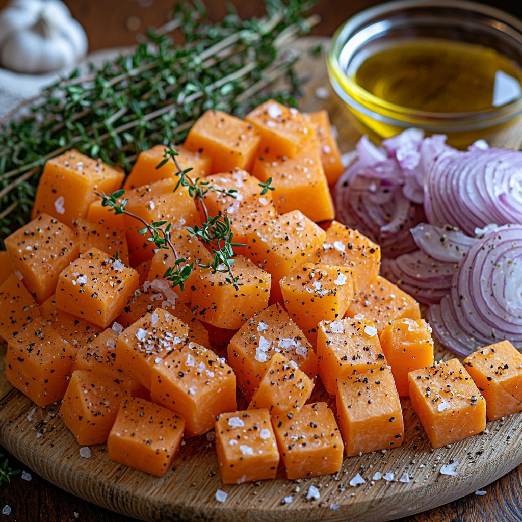 Medium butternut squash peeled and cut into roughly 3/4-inch cubes with vibrant orange flesh, two medium sweet potatoes peeled and cubed similarly showing deep orange skin and flesh, a red onion peeled and sliced into long, thin purple-red strips with translucent layers, four large garlic cloves minced finely with creamy white color, fresh thyme sprigs with delicate small green leaves, roughly chopped fresh rosemary with dark green needle-like leaves, a small glass bowl of golden olive oil glistening under light, coarse salt crystals and cracked black peppercorns scattered artfully, all ingredients arranged separately but close on a clean, light wooden surface with natural warm tones, soft natural lighting emphasizing textures and colors, minimal shadows, subtle rustic kitchen props like a wooden spoon and linen napkin placed off to the side for balance, the composition neat yet inviting, overhead shot, top down view, flat lay photography, professional food styling --ar 1:1 --q 2 --s 750 --v 6.1
