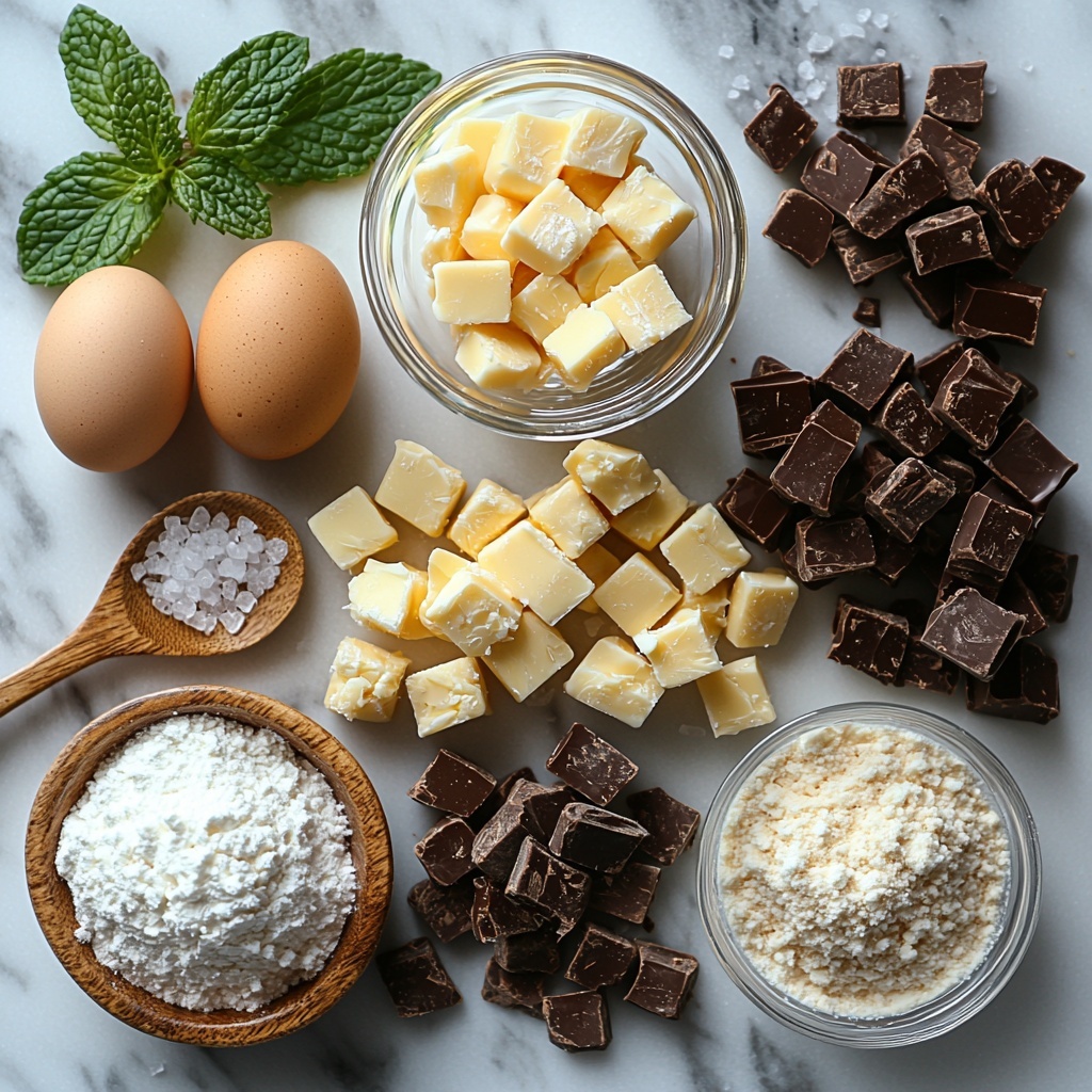 Ultimate Twix style cookie ingredients arranged neatly on a clean white marble surface: softened pale yellow unsalted butter in a small glass bowl, a rustic wooden spoon filled with white granulated sugar, a small heap of rich, dark golden brown sugar, two whole brown eggs with smooth shells, a small glass dish of clear vanilla extract, a neat mound of fine white all-purpose flour, a small wooden bowl containing light beige baking soda powder, a tiny ceramic spoon holding fine white salt, a cluster of shiny individually wrapped golden caramel candies, a small splash of creamy white cream in a clear measuring cup, a small glass bowl piled with glossy semi-sweet chocolate chips, and a pinch of coarse sea salt scattered artistically on the surface. The ingredients are spaced with natural light softly illuminating them, casting gentle shadows to highlight the varied textures—the smoothness of the eggs, the graininess of the sugars, the softness of the butter, and the glossy shine of the chocolate chips. Styled with subtle linen napkins and a sprig of fresh mint for color contrast, creating a warm, inviting mood. overhead shot, top down view, flat lay photography, professional food styling --ar 1:1 --q 2 --s 750 --v 6.1