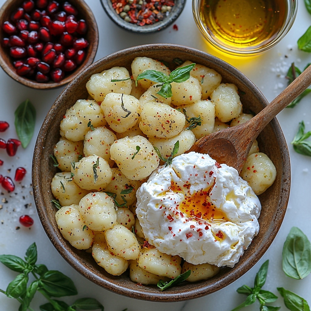500 g golden roasted gnocchi piled lightly in a small rustic bowl, next to a whole ball of creamy white burrata cheese with a torn edge showcasing its soft, creamy interior, a small clear glass bowl filled with bright ruby red pomegranate arils scattered gently nearby, a small dish of amber-colored honey infused with visible red chili flakes glistening under soft light, a wooden spoon resting beside it with a drizzle of the hot honey, fresh green thyme and basil leaves artfully scattered around adding vibrant color contrast, small rustic bowls containing coarse sea salt, cracked black pepper, and warm red smoked paprika powder arranged neatly, a small glass bottle of golden olive oil with light reflections, all ingredients arranged on a clean, textured white marble surface with natural soft daylight casting gentle shadows, emphasizing the rich colors and varied textures, minimalistic styling with cozy, inviting vibes, overhead shot, top down view, flat lay photography, professional food styling --ar 1:1 --q 2 --s 750 --v 6.1