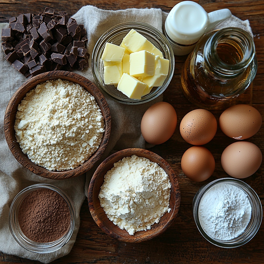 all-purpose flour in a small rustic ceramic bowl, rich dark brown Dutch-processed cocoa powder in a wooden scoop, golden granulated sugar in a clear glass jar, creamy softened unsalted butter shaped into a neat slab on parchment paper, two large brown eggs with smooth shells nestled close together, a small white porcelain pitcher of buttermilk, a tiny bowl of fine baking soda and baking powder powders, a pinch of salt in a miniature dish, a glass cup of hot water with a teaspoon of instant espresso powder dissolved and gently swirling, a small amber bottle with vanilla extract and a teaspoon resting beside it, powdered sugar piled high in a white ceramic bowl, glossy heavy cream in a glass measuring cup, arranged thoughtfully on a clean neutral-toned linen surface with subtle natural light casting soft shadows, emphasizing textures from the powdery cocoa and sugar to the creamy butter and glossy cream, pops of warm wood and glass for rustic elegance, minimalistic and balanced composition with negative space to draw attention to each ingredient’s color and form, overhead shot, top down view, flat lay photography, professional food styling --ar 1:1 --q 2 --s 750 --v 6.1
