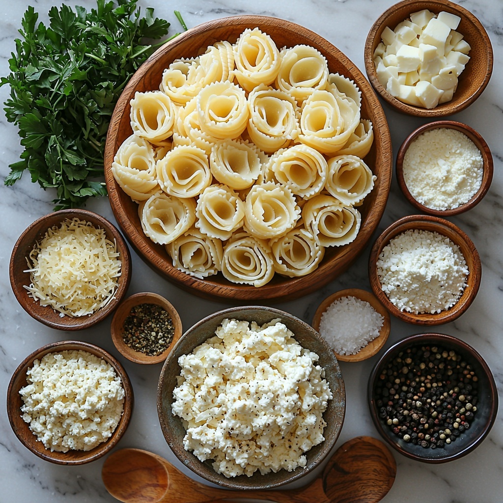 20 jumbo pasta shells arranged in a neat cluster, cooked al dente with a slightly glossy texture; a bowl of shredded cooked chicken, tender and fibrous with warm beige tones; a small bowl of creamy white ricotta cheese with a smooth, slightly grainy texture; a mound of shredded mozzarella cheese, soft and stringy, bright white; a small dish containing finely grated Parmesan cheese, pale yellow and powdery; small bowls holding golden garlic powder, off-white onion powder, and mixed green Italian seasoning herbs; tiny piles of salt and coarse black peppercorns, contrasting white and black granules; a bowl of rich, creamy Alfredo sauce, smooth and glossy ivory color; a bunch of finely chopped fresh green parsley scattered artfully nearby; a cup of additional shredded mozzarella for topping, fluffy and bright white. All ingredients are spread on a clean white marble surface with soft natural lighting, subtle shadows to enhance textures, styled with rustic wooden spoons and small ceramic bowls for contrast, minimalistic and inviting composition, emphasizing freshness and comfort. overhead shot, top down view, flat lay photography, professional food styling --ar 1:1 --q 2 --s 750 --v 6.1