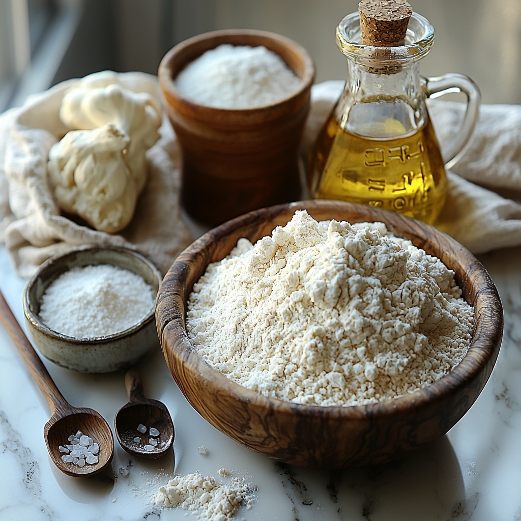 3 cups all-purpose flour in a wooden bowl with some flour scattered artfully on a clean white marble surface, 1 cup active sourdough starter in a small glass jar showing its bubbly texture, 1 cup lukewarm water in a clear glass measuring cup with condensation droplets, 2 teaspoons coarse sea salt in a small ceramic dish, 2 tablespoons golden olive oil in a clear, vintage glass bottle with a slight shine, all ingredients arranged neatly with rustic wooden spoons and a linen napkin folded beside them, soft natural daylight creating gentle shadows, emphasizing the textures of the flour, bubbles in the starter, and the glossy oil, minimalistic style with clean lines and neutral colors, overhead shot, top down view, flat lay photography, professional food styling --ar 1:1 --q 2 --s 750 --v 6.1