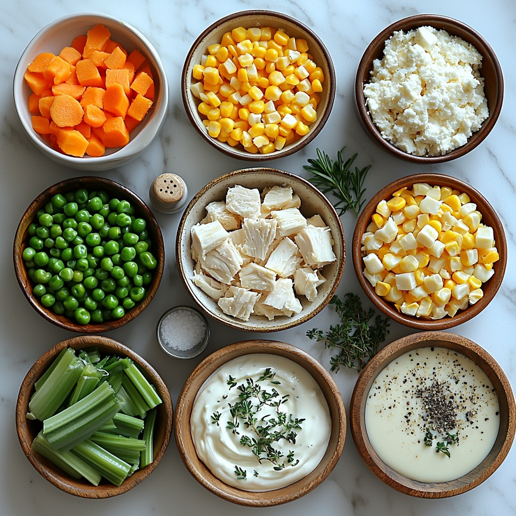 chicken pot pie ingredients flat lay on a clean white marble surface, shredded cooked chicken in a rustic ceramic bowl, bright frozen peas and diced carrots in a small glass bowl, golden yellow frozen corn spilling slightly onto the surface, freshly chopped celery and onion arranged neatly side by side, three garlic cloves whole and minced garlic in a tiny dish, small clear bowl with pale golden chicken broth, a measuring cup with creamy heavy cream, dried thyme and rosemary sprigs artfully scattered nearby, salt and pepper in minimalist salt and pepper shakers, biscuit mix in a wooden bowl with a measuring cup of milk beside it, half cup shredded sharp cheddar cheese spread loosely on parchment, textures highlighting freshness and creaminess, natural soft daylight, minimal shadows, styled with casual elegance and warm inviting tones, overhead shot, top down view, flat lay photography, professional food styling --ar 1:1 --q 2 --s 750 --v 6.1