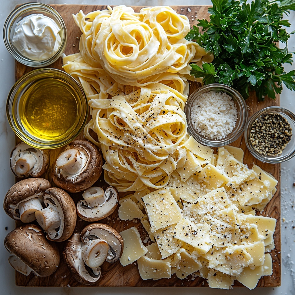8 ounces uncooked fettuccine pasta neatly coiled, 2 cups fresh sliced cremini and button mushrooms with their earthy brown and cream tones, 2 tablespoons golden olive oil in a small glass dish, 3 cloves garlic with papery white skins and some minced garlic scattered nearby, 1 cup smooth heavy cream in a white ceramic bowl, 1 cup finely grated Parmesan cheese piled delicately on a small wooden board, a teaspoon of salt and half a teaspoon of black pepper displayed in small glass bowls, and freshly chopped vibrant green parsley leaves arranged artfully on a clean white marble surface. The ingredients are spaced evenly with natural soft lighting highlighting the varied textures — the dry pasta’s ridges, the mushrooms’ smooth caps, the creamy liquid, and the fluffy Parmesan cheese—all styled neatly with minimal shadows. The overall aesthetic is fresh and inviting with a balanced composition and subtle pops of color from the parsley. Overhead shot, top down view, flat lay photography, professional food styling --ar 1:1 --q 2 --s 750 --v 6.1