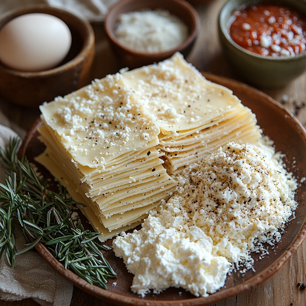 shredded cooked chicken in a small rustic bowl, uncooked lasagna noodles neatly stacked in a fanned arrangement, creamy white ricotta cheese in a smooth mound on a ceramic plate, shredded mozzarella cheese piled loosely showing soft, fluffy texture, grated Parmesan cheese finely textured in a small heap, fresh bright green chopped rosemary scattered artfully on a wooden spoon, rich red marinara sauce in a glossy small bowl with visible tomato texture, a single raw egg cracked open in a delicate glass bowl showing yolk and whites, small bowls of coarse salt and black peppercorns, all ingredients arranged on a clean light wood surface with soft natural light highlighting the vibrant colors and varied textures, subtle shadows adding depth, minimalist and elegant styling with fresh rosemary sprigs placed loosely nearby for freshness, overhead shot, top down view, flat lay photography, professional food styling --ar 1:1 --q 2 --s 750 --v 6.1