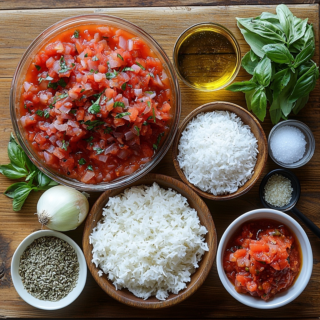 olive oil in a small glass bowl, finely chopped medium onion with translucent white and purple hues, peeled garlic cloves and minced garlic scattered nearby, a large open can of vibrant red crushed tomatoes with visible juice, a clear measuring cup filled with golden vegetable broth, a white bowl containing fluffy cooked white rice, small white dish with dried greenish-brown basil, salt and pepper in rustic small ceramic bowls, a teaspoon with granulated white sugar, fresh bright green parsley leaves arranged artfully for garnish, all ingredients neatly spaced and balanced on a clean light wooden surface with soft natural lighting emphasizing rich colors and varied textures, subtle shadows for depth, minimalistic and inviting styling, overhead shot, top down view, flat lay photography, professional food styling --ar 1:1 --q 2 --s 750 --v 6.1
