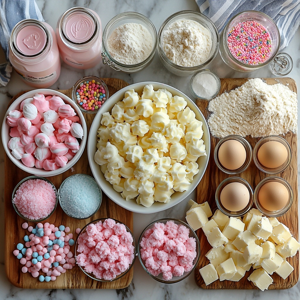 all-purpose flour in a white ceramic bowl, baking powder and salt in small glass ramekins, softened unsalted butter on a wooden butter dish, granulated sugar in a clear glass jar, four large egg whites gently separated in a transparent bowl, a small bottle of cotton candy flavoring with a pastel label, vanilla extract bottle, whole milk in a measuring cup, small bowls of pink and blue gel food coloring, unsalted butter softened on parchment paper, powdered sugar in a white bowl with a fine dusting on the surface, a small pitcher of heavy cream, cotton candy flavoring bottle, separate small bowls of pink and blue food coloring for frosting, fluffy tufts of pink and blue cotton candy, colorful round sprinkles scattered on the side, a tiny jar of edible glitter shimmering softly, all ingredients carefully spaced and neatly arranged on a pristine white marble surface with subtle natural light creating soft shadows, gentle pastel and bright colors contrasting with clean textures, minimalistic props like a pastel pink and blue linen napkin folded at the edge, slight flour dusting around the bowls for an authentic touch, overhead shot, top down view, flat lay photography, professional food styling --ar 1:1 --q 2 --s 750 --v 6.1
