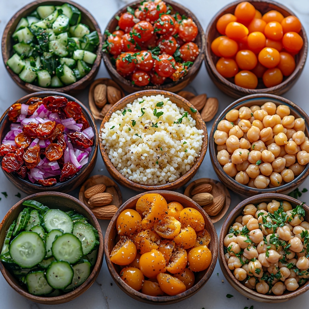 Moroccan couscous salad ingredients artfully arranged on a clean white marble surface, featuring a bowl of fluffy pale golden couscous fluffed with a fork, small clear glass bowls with bright red halved cherry tomatoes, diced vibrant green cucumber, finely chopped deep purple-red onion, and drained light beige chickpeas. Nearby, a rustic wooden bowl holds glossy orange chopped dried apricots or golden raisins, while fresh bright green parsley and mint leaves are scattered loosely for a pop of color and freshness. Toasted almonds or pistachios with a warm tan and green hue add texture, laid out in a small ceramic dish. A small bowl contains the amber-colored dressing with visible flecks of ground cumin and cinnamon spices. Soft natural light highlights the varied textures—from the fluffy couscous grains to the glossy tomatoes and crunchy nuts—while shadows add depth and dimension. Minimal linen napkin and a wooden spoon provide subtle rustic accents, styled cleanly with plenty of white space. Overhead shot, top down view, flat lay photography, professional food styling --ar 1:1 --q 2 --s 750 --v 6.1