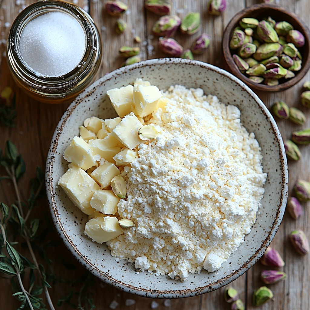 buttery softened unsalted butter, fine powdered sugar in a small bowl, clear glass bottle with vanilla extract, white all-purpose flour in a measuring cup, finely chopped green pistachios scattered lightly on a white ceramic plate, small dish with white salt, all ingredients arranged neatly on a clean light wooden surface with soft natural lighting, subtle shadows, textures of butter creaminess, powdery sugar, fluffy flour, and crunchy pistachios clearly visible, minimalist style with neutral tones emphasizing fresh ingredients, gentle contrast, delicate and inviting atmosphere overhead shot, top down view, flat lay photography, professional food styling --ar 1:1 --q 2 --s 750 --v 6.1