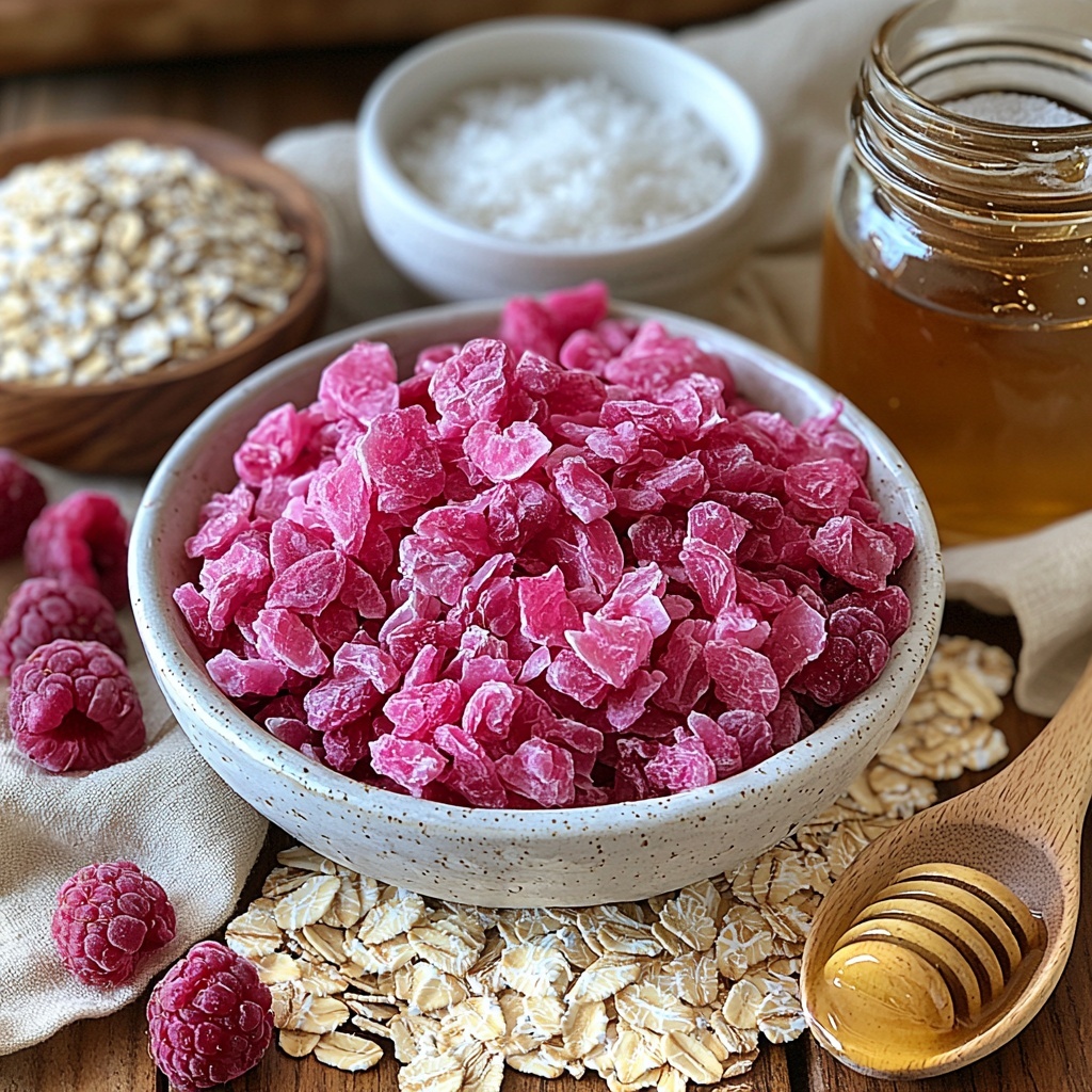 Rolled oats in a small clear glass bowl with visible texture, unsweetened shredded coconut loosely scattered and in a neat pile nearby, crushed bright pink freeze-dried raspberries in a small white ceramic dish showcasing their vibrant color and crumbly texture, smooth almond butter in a small rustic wooden spoon, golden honey dripping slightly from a vintage glass jar, a tiny white ramekin filled with clear vanilla extract, a small pinch of coarse salt on a natural linen cloth, a few droplets of water glistening on the surface as if freshly added, all ingredients artfully arranged on a clean, light natural wood surface with soft natural daylight casting gentle shadows, subtle props including a folded beige linen napkin and a wooden scoop for texture contrast, colors balanced between warm neutral tones and pops of pink and gold, styled to invite a sense of wholesome, healthy snack preparation, overhead shot, top down view, flat lay photography, professional food styling --ar 1:1 --q 2 --s 750 --v 6.1
