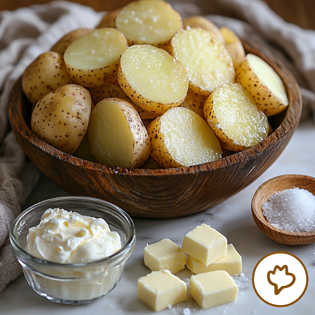 3.5 lbs. Yukon Gold potatoes, whole and peeled in slices, arranged neatly in rustic wooden bowl and scattered raw potato slices fanned out on a clean white marble surface; smooth cubes of salted butter placed on a small ceramic dish, soft and creamy texture visible; a small clear glass bowl of sour cream with a glossy, thick texture; a small glass measuring cup filled with creamy half & half, slightly reflecting light; heaping teaspoons of coarse salt and freshly cracked black pepper presented in tiny white porcelain spoons nearby; the colors include warm golden yellows of potatoes, rich creamy whites of dairy, and soft amber of butter contrasting with the cool marble; natural soft daylight illuminating from the side creating gentle shadows, all ingredients thoughtfully spaced and harmoniously composed for balance; minimal props with linen napkin textured fabric subtly placed for warmth and depth, no clutter background; overhead shot, top down view, flat lay photography, professional food styling --ar 1:1 --q 2 --s 750 --v 6.1