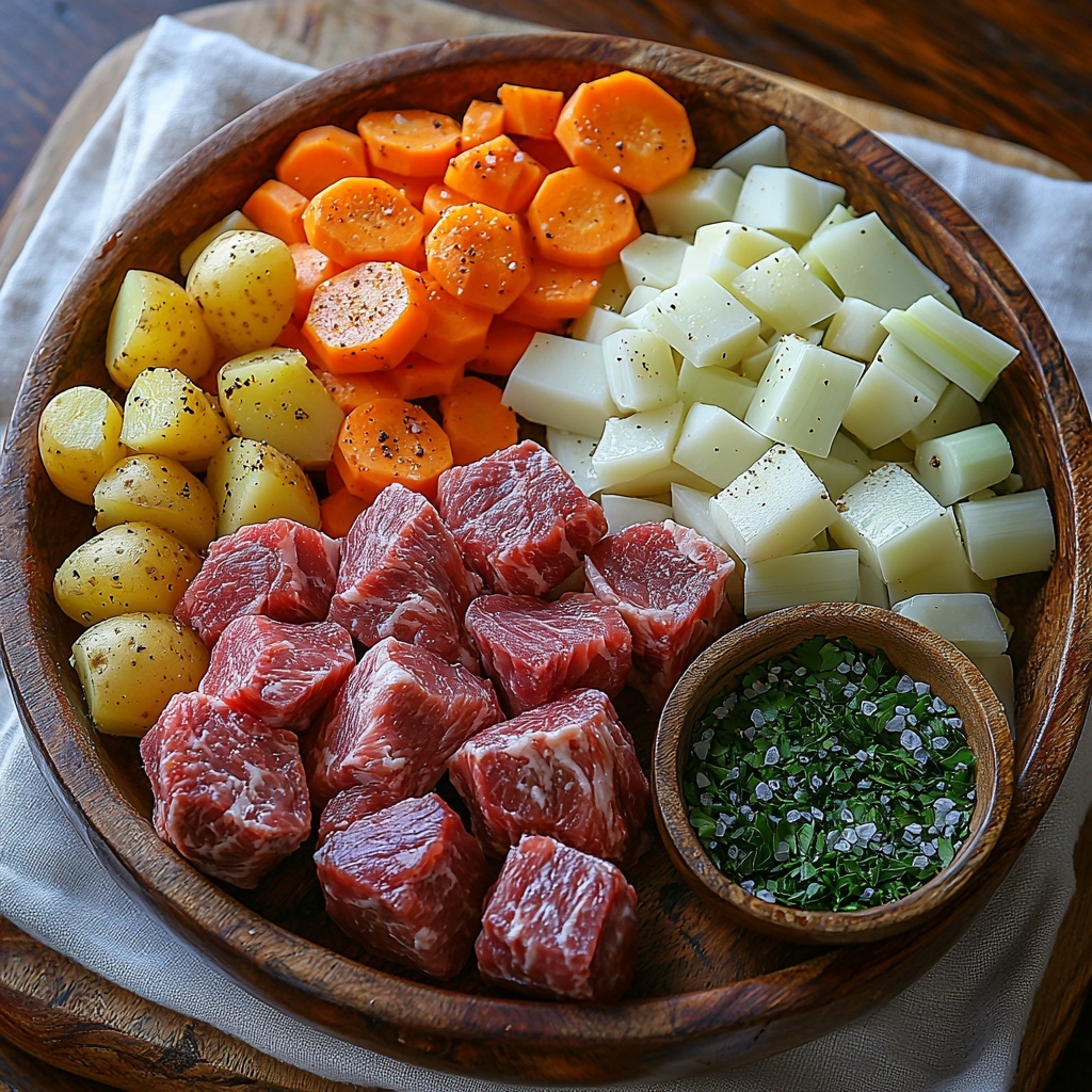 Lamb shoulder chunks with rich marbling arranged in a rustic ceramic bowl, alongside a small dish of golden vegetable oil; fresh root vegetables including bright orange carrot slices, creamy white parsnip chunks, and pale yellow diced swede (rutabaga) neatly grouped by type on a smooth wooden cutting board; peeled and chunked medium potatoes with slightly rough texture displayed next to a small mound of finely chopped white onion; fresh green and white leek slices fanned out on a white linen cloth; scattered fresh, vibrant green chopped parsley leaves for garnish; a small wooden bowl of coarse salt and black peppercorns adding contrast; all ingredients set on a clean, light-colored stone or marble surface that enhances natural colors and textures, soft natural lighting emphasizing freshness and earthiness, subtle shadows for depth, minimal props to keep focus on ingredients, natural and inviting styling — overhead shot, top down view, flat lay photography, professional food styling --ar 1:1 --q 2 --s 750 --v 6.1