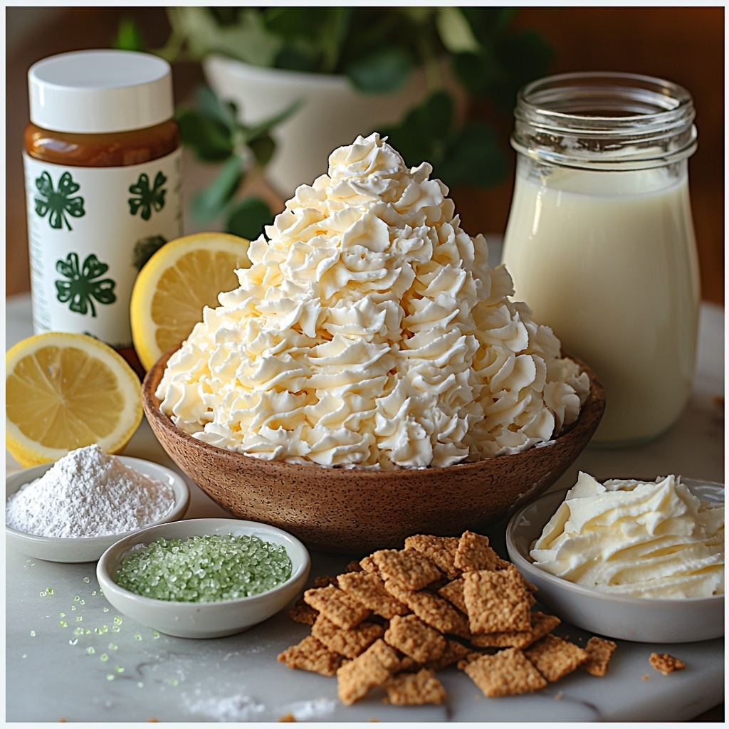 graham cracker crumbs in a small rustic bowl, golden and crumbly texture; a neat pile of granulated sugar crystals sparkling in natural light; a glass measuring cup with melted unsalted butter glowing with a warm yellow hue; a block of smooth, softened cream cheese on a white plate; a small bowl of fine powdered sugar dusted lightly around its edge; a glass jar with vanilla extract, amber liquid catching light; a lemon wedge beside a small clear dish holding fresh lemon juice; a sealed package of cheesecake-flavored instant pudding mix with subtle pastel packaging; a clear glass measuring cup filled with creamy half-and-half; two small bowls containing neon lime green and aqua green food coloring, vibrant and glossy; a bowl of smooth white buttercream frosting with soft peaks; a small white dish with sparkling green sprinkles; delicate edible gold flakes scattered artfully on a slate tile; a few dark chocolate shamrocks on a matte black plate; all ingredients thoughtfully spaced and arranged on a clean white marble surface with soft natural light, subtle shadows, and minimal props emphasizing textures and colors, styled to highlight freshness and vibrancy, overhead shot, top down view, flat lay photography, professional food styling --ar 1:1 --q 2 --s 750 --v 6.1