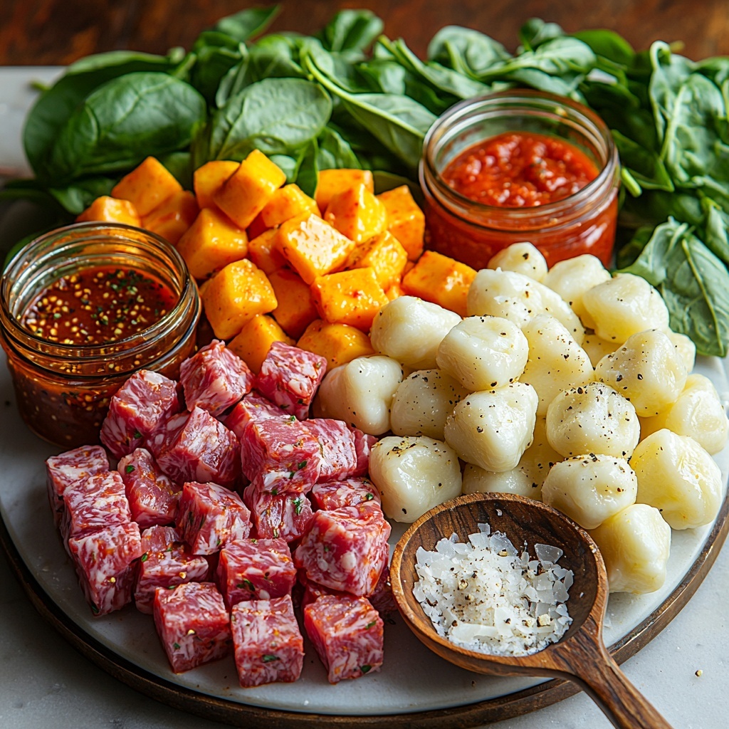 2 tablespoons golden olive oil in a small glass bowl, three peeled garlic cloves minced finely on a wooden spoon, one small yellow onion diced into neat cubes, one large red bell pepper cored and chopped into vivid chunks, small piles of smoked paprika and chili powder in rustic ceramic spoons, raw ground beef formed into a compact mound with rich marbling visible, a jar of deep red marinara tomato sauce opened with some sauce spilled artfully on a white ceramic dish, fresh vibrant green baby spinach leaves loosely scattered, uncooked pillowy gnocchi pieces arranged in a small heap showing their soft doughy texture, a heap of shredded white mozzarella cheese with light flakes catching the light, small salt and cracked black pepper piles in mini bowls, fresh bright green basil leaves fanned out elegantly. All ingredients arranged in an organized, balanced composition on a clean white marble surface with soft natural light casting gentle shadows, emphasizing the fresh colors and varied textures. Overhead shot, top down view, flat lay photography, professional food styling --ar 1:1 --q 2 --s 750 --v 6.1