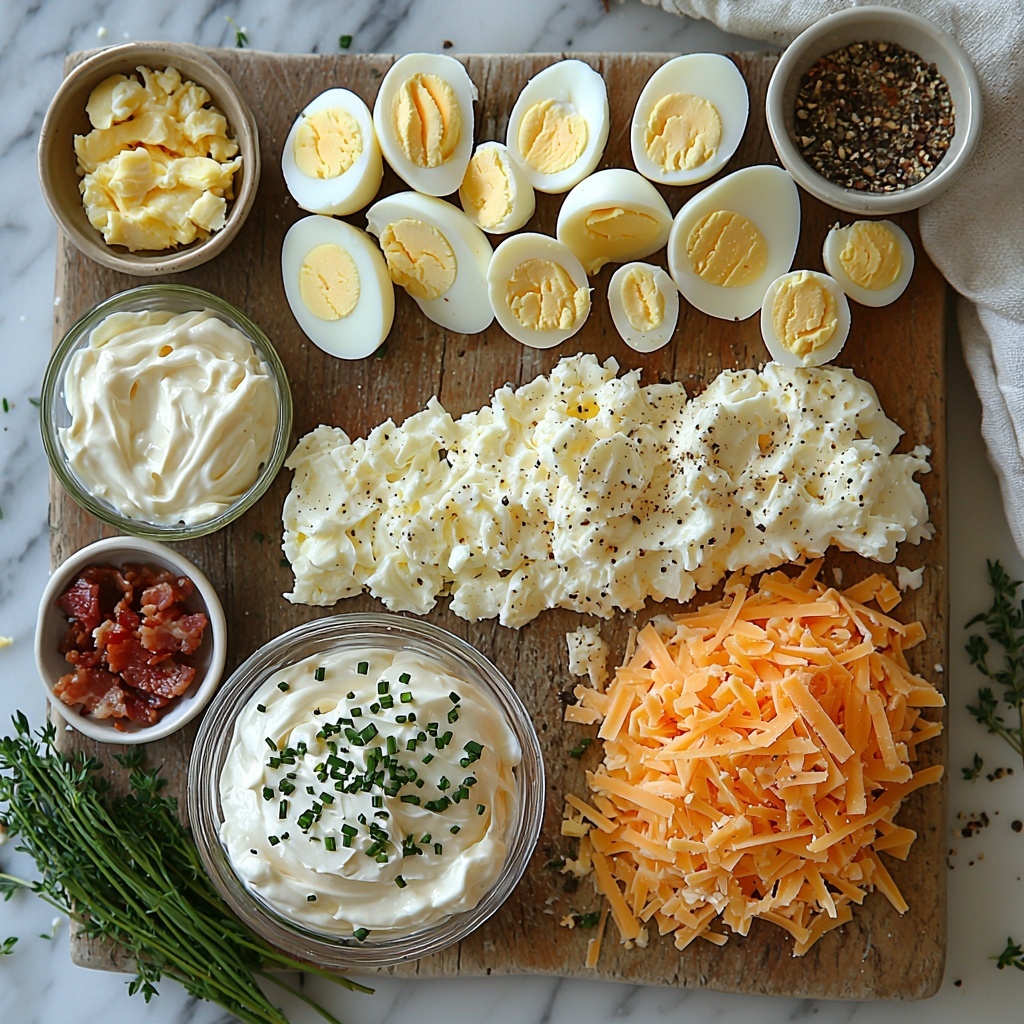 8 oz softened cream cheese in a small glass bowl, smooth and creamy white texture; 1/2 cup sour cream next to it in a clear measuring cup, thick and glossy; 1/2 cup mayonnaise in a rustic ceramic bowl, creamy pale yellow; 4 hard-boiled eggs, peeled and chopped, bright white with vibrant yellow yolks scattered loosely on a wooden cutting board; 1 1/2 cups shredded sharp cheddar cheese, rich orange-yellow piled neatly on a small plate; 1/4 cup finely chopped chives, fresh bright green sprinkled in a neat pile; a small dish of Dijon mustard, smooth golden mustard color; 1 tsp garlic powder and 1/4 tsp onion powder placed in tiny white porcelain spoons; 1/2 tsp smoked paprika in a shallow white bowl, deep rusty red powder; salt and freshly ground black pepper in small glass bowls, fine crystalline salt and coarse black peppercorns; a small mound of cooked crumbled bacon with crispy reddish-brown texture beside diced green jalapeños for optional choice; all ingredients arranged with balanced spacing and natural light casting soft shadows on a clean white marble surface, emphasizing colors and textures; minimalist styling with subtle linen napkins and a few fresh chive stalks for accent; overhead shot, top down view, flat lay photography, professional food styling --ar 1:1 --q 2 --s 750 --v 6.1