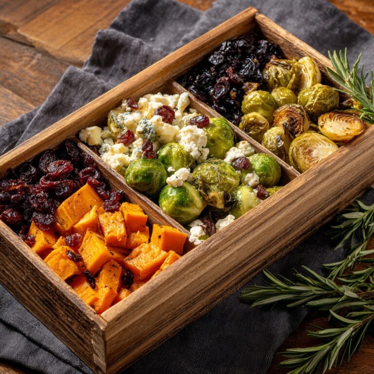 Cranberry-Glazed Roasted Butternut Squash, Brussels Sprouts, and Sweet Potato Salad with Goat Cheese Recipe