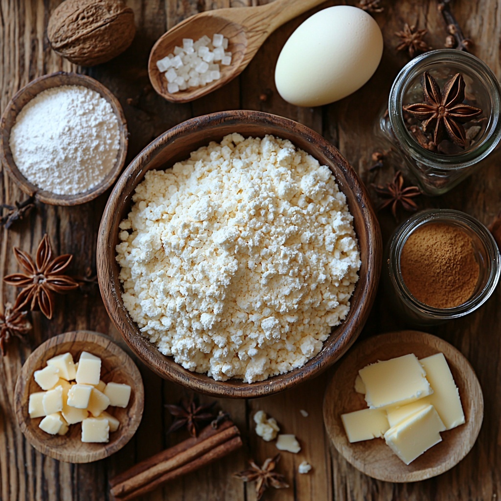 2 cups all-purpose flour in a small rustic ceramic bowl, 1 cup finely ground almonds loosely piled next to the flour in a wooden scoop, 1 cup powdered sugar in a delicate white porcelain dish with a small silver spoon, 1/2 cup unsalted butter as a fresh pale yellow block on a wooden butter board, 1/2 cup non-alcoholic punch or juice in a clear glass measuring cup showing a rich amber-red mix of apple and cranberry juice, 1 fresh egg white in a small glass bowl with soft peaks, 1 teaspoon ground cinnamon in a tiny clay bowl showcasing warm reddish-brown powder, 1/2 teaspoon ground nutmeg and 1/2 teaspoon ground cloves side by side in small glass spice jars with wooden lids, all ingredients arranged neatly on a clean, light wooden surface with subtle natural textures, soft natural lighting highlighting the colors and textures, minimal shadows, subtle festive touch with a cinnamon stick and star anise casually placed nearby for seasonal warmth, clean and airy styling with focus on ingredient freshness and variety, overhead shot, top down view, flat lay photography, professional food styling --ar 1:1 --q 2 --s 750 --v 6.1