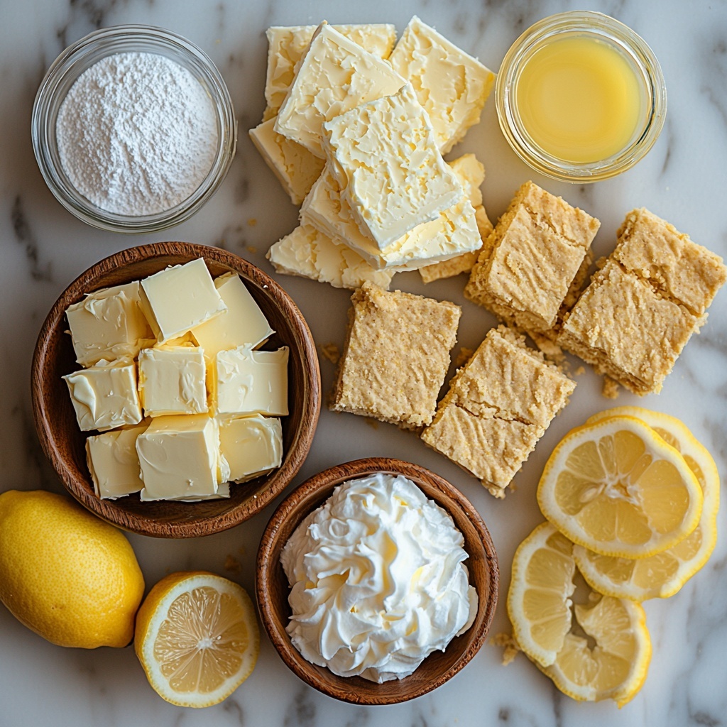 A clean white marble surface with ingredients for no-bake lemon cheesecake bars carefully arranged in an aesthetically pleasing flat lay. On one side, a small wooden bowl filled with golden graham cracker crumbs next to a glass ramekin of melted unsalted butter showing a glossy texture. Nearby, two packages of smooth, softened cream cheese blocks wrapped in classic packaging, with a small bowl of fine powdered sugar and a tiny glass jar of clear vanilla extract beside them. A bright yellow lemon, halved and thinly sliced, scattered artfully around fresh lemon zest strands. A clear small bowl with vibrant lemon juice, next to a glass bowl of fluffy whipped cream with soft peaks. Also included, a pot of translucent lemon topping mixture with visible lemon zest flecks, alongside a bowl containing granulated white sugar and a small container of cornstarch highlighting contrasting powdery textures. The arrangement is balanced with fresh lemon slices and dollops of whipped cream artistically placed to add pops of color and texture, with soft natural lighting emphasizing the freshness and inviting colors of yellow, white, and beige tones. The scene evokes a bright, clean, and fresh feeling, capturing textures from smooth cream cheese and whipped cream to crumbly crackers and juicy lemons. Overhead shot, top down view, flat lay photography, professional food styling --ar 1:1 --q 2 --s 750 --v 6.1