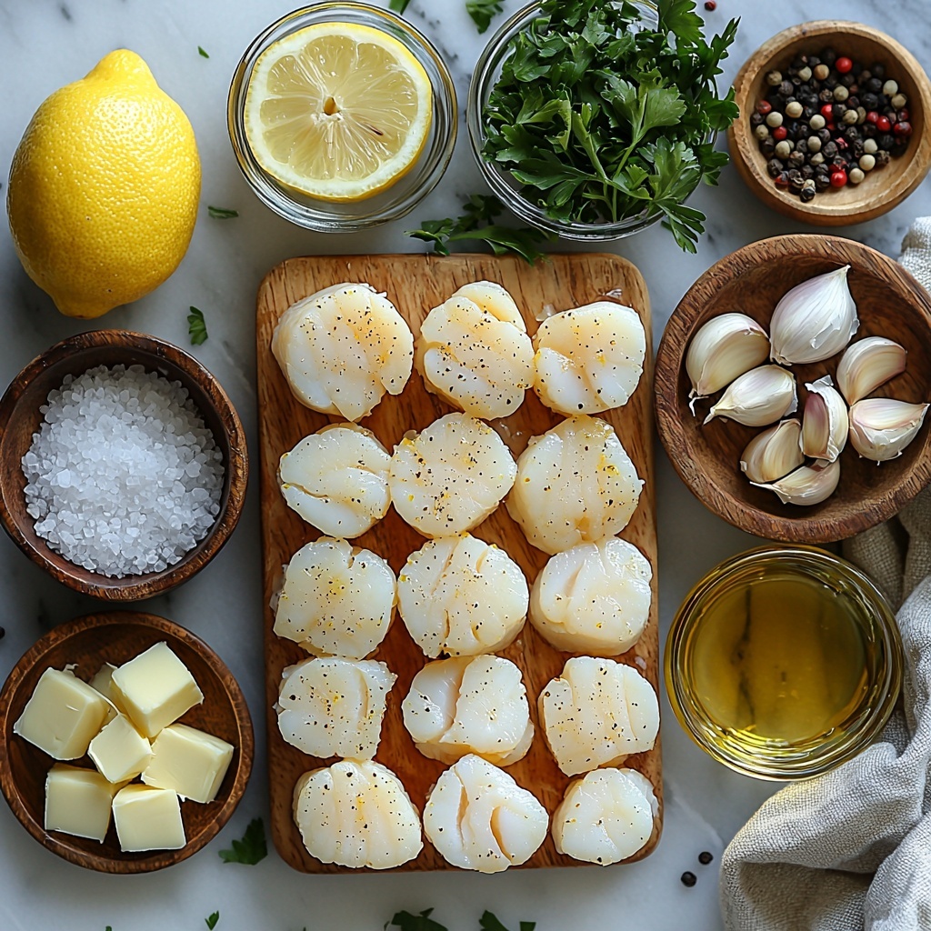 A beautifully arranged flat lay on a clean white marble surface featuring all the main ingredients for Garlic Lemon Butter Seared Scallops: fresh, plump raw sea scallops with their creamy, slightly translucent texture grouped neatly; a small vintage glass bowl of rich golden unsalted butter, slightly melting; a clear glass dish of vibrant golden olive oil; three peeled garlic cloves next to a small heap of finely minced garlic, both showing their fresh, slightly glossy white and pale yellow tones; a bright yellow lemon sliced in half with juice dripping, alongside a small glass container filled with freshly squeezed lemon juice; a small wooden bowl with freshly chopped green parsley leaves, bright and vibrant; and small rustic ceramic bowls holding white sea salt crystals and coarse black peppercorns. The ingredients are spaced evenly with thoughtful negative space, styled with soft natural lighting enhancing their textures and colors, subtle shadows adding depth, and a rustic linen napkin partially visible in one corner for warmth. Overhead shot, top down view, flat lay photography, professional food styling --ar 1:1 --q 2 --s 750 --v 6.1