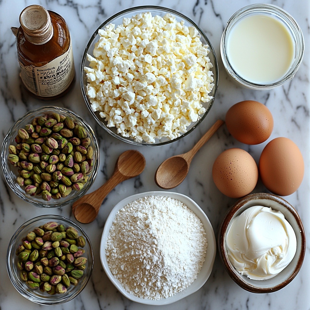 A clean white marble surface arranged with the main ingredients for a pistachio mascarpone layer cake: a neatly poured heap of 2 cups all-purpose flour with a small wooden spoon resting beside it; a small glass bowl of 1 teaspoon baking powder, another with 1/2 teaspoon baking soda, and a pinch of salt sprinkled delicately nearby; a slab of creamy unsalted butter on a white ceramic dish; a clear glass bowl filled with 1 1/2 cups granulated sugar sparkling under soft light; four large brown eggs nestled in a rustic wire basket; a small glass bottle of vanilla extract with a cork stopper; a white porcelain jug of whole milk with gentle reflections; a small bowl with 1 cup finely chopped vibrant green pistachios showcasing their texture; a smooth bowl of white mascarpone cheese with soft peaks visible; a chilled bowl of airy heavy whipping cream; and a small sifter of fine powdered sugar dusted lightly on the surface nearby. The ingredients are artistically spaced to highlight their textures and natural colors—powdery flour, glossy eggshells, rich butter, sparkling sugar crystals, lush green pistachios, and creamy dairy—styled with minimal props like wooden spoons, white ceramic bowls, and glass containers to keep the focus on the fresh ingredients. Soft natural lighting enhances the pastel and earthy tones, casting gentle shadows that add depth without overpowering the scene. Overhead shot, top down view, flat lay photography, professional food styling --ar 1:1 --q 2 --s 750 --v 6.1