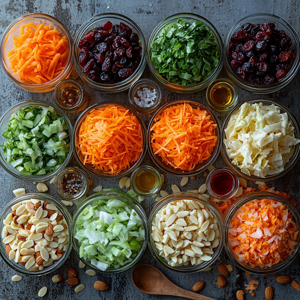 Green cabbage finely shredded in a neat pile, bright orange grated carrots arranged in a small heap, deep red dried cranberries scattered thoughtfully nearby, light beige slivered almonds in a small dish, chopped vibrant green onions laid out in a thin line, small glass bowls containing golden honey, amber apple cider vinegar, and rich olive oil, and small piles of coarse salt and cracked black peppercorns on a clean white surface. The ingredients are spaced evenly with natural textures highlighted—crisp cabbage leaves, rough carrot strands, glossy cranberries, smooth nuts, and shiny liquid bowls. Soft, natural daylight emphasizes fresh, vivid colors against a minimalist background, styled with a subtle rustic touch—wooden spoon and linen napkin hints at the side. Overhead shot, top down view, flat lay photography, professional food styling --ar 1:1 --q 2 --s 750 --v 6.1