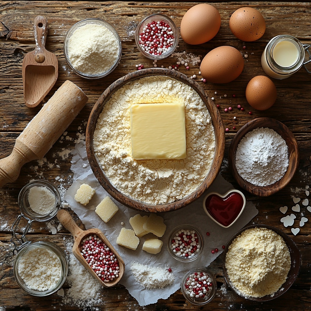 A clean, bright wooden surface with all main ingredients for Valentine’s Day cookies beautifully arranged in an inviting flat lay: a rustic bowl filled with all-purpose flour dusted lightly around it, next to small glass bowls containing baking soda and baking powder; a soft block of unsalted butter on a white parchment paper square, a vintage sugar scoop with white granulated sugar spilling gently beside it; a single brown egg resting on a delicate ceramic dish; small glass jars with vanilla extract and almond extract showing their amber hues; a small measuring cup with creamy buttermilk; and a small heart-shaped bowl filled with vibrant red and pink sprinkles. The scene includes a rolling pin dusted with flour and heart-shaped cookie cutters placed casually nearby. Natural soft light highlights the creamy, powdery, and glossy textures of the ingredients with warm, inviting tones. Overhead shot, top down view, flat lay photography, professional food styling --ar 1:1 --q 2 --s 750 --v 6.1