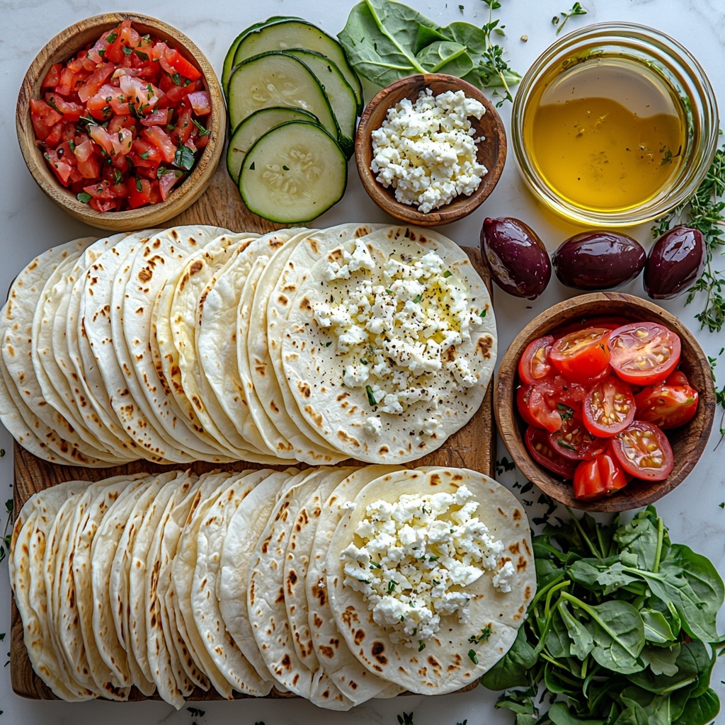 flour tortillas stacked neatly with a soft, slightly textured surface; a small bowl of shredded mozzarella and provolone cheese with fluffy white and pale yellow strands; crumbled feta cheese displayed in a small rustic dish, showing its creamy, crumbly texture; thinly sliced zucchini rounds with vibrant green skin and pale green flesh arranged in a fan shape; thin strips of bright red bell pepper scattered artistically; thinly sliced red onion rings with translucent purple layers arranged in a loose pile; small glass bowl of golden olive oil with a warm sheen; chopped deep red sun-dried tomatoes with a wrinkled texture in a small dish; sliced dark purple Kalamata olives with glossy surfaces laid out neatly; sprigs of dried oregano sprinkled casually near the bowls for an herbal touch; fresh spinach or arugula leaves with rich green color, slightly crinkled texture added as optional accents; all ingredients placed on a pristine white marble surface with subtle veining, natural diffused light highlighting colors and textures, a light shadow for depth; minimalist, clean styling focusing on vibrant, Mediterranean-inspired colors and freshness overhead shot, top down view, flat lay photography, professional food styling --ar 1:1 --q 2 --s 750 --v 6.1