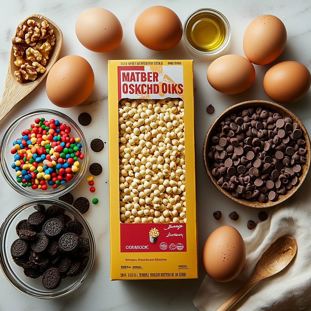 A clean, bright flat lay of three main ingredients for cake mix cookies arranged neatly on a smooth white surface: a sealed box of yellow vanilla cake mix with bold colorful lettering, two large brown eggs with smooth shells resting side by side, and a clear glass measuring cup filled halfway with golden vegetable oil catching the light to reveal its glossy texture. Surrounding the main ingredients are small bowls of optional mix-ins—a bowl of semi-sweet chocolate chips, a scattering of vibrant rainbow sprinkles, chopped walnuts with rough texture, crushed black-and-white Oreo cookie pieces, and a few colorful peanut butter chips and M&M’s for added visual interest. Soft natural daylight casts gentle shadows, highlighting the contrast between the matte paper cake mix box, smooth eggshells, and shiny oil surface. The composition is balanced and uncluttered, with subtle food props like a rustic wooden spoon and a crisp linen napkin artfully placed at the edges for texture and warmth. Overhead shot, top down view, flat lay photography, professional food styling --ar 1:1 --q 2 --s 750 --v 6.1