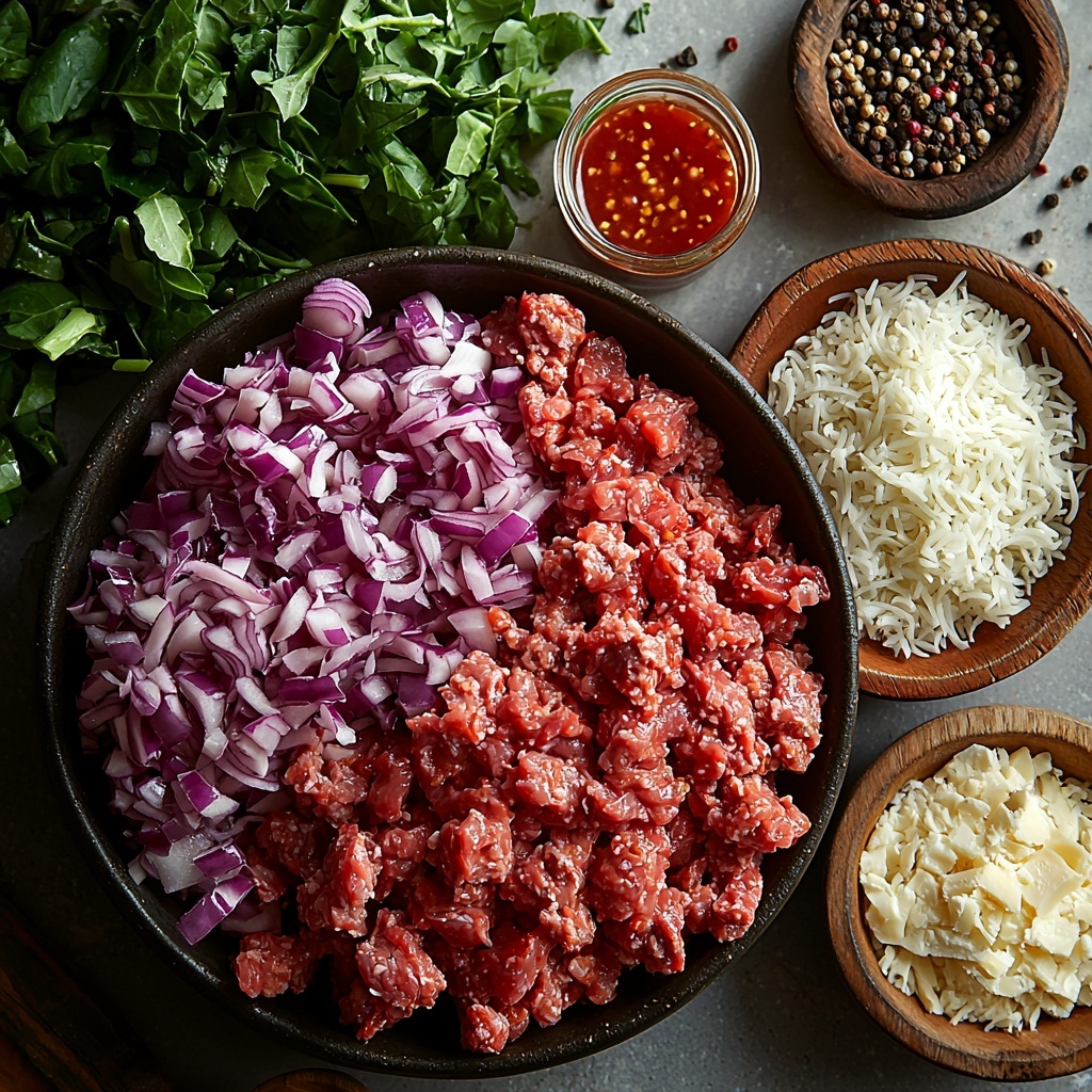 A clean white surface neatly arranged with fresh chopped green cabbage leaves showcasing vibrant shades of light and dark green, a raw pound of ground beef or turkey in a rustic bowl with deep red and pink hues, a small bowl of uncooked white rice grains offering texture contrast, a finely chopped yellow onion with translucent white and pale purple layers, two garlic cloves minced finely displayed beside the onion, an open can of bright red crushed tomatoes with a rich, chunky texture, a can of smooth tomato sauce in a vibrant red tone, a small glass bowl containing dark brown Worcestershire sauce reflecting light, small wooden spoons holding dried oregano and basil with earthy green tones, a salt and pepper shaker with fine white and black granules, and a small mound of shredded pale yellow cheese optionally placed on a small plate. All ingredients are spaced evenly and styled with natural daylight casting soft shadows to emphasize fresh textures and colors. The scene includes subtle linen napkins and minimal rustic props to enhance warmth and authenticity. overhead shot, top down view, flat lay photography, professional food styling --ar 1:1 --q 2 --s 750 --v 6.1