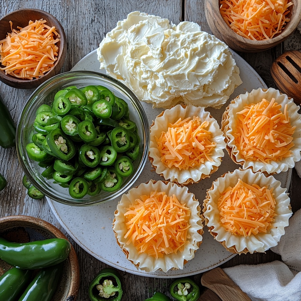 A bright, clean kitchen surface with the main ingredients for Jalapeno Popper Cups artfully arranged in a flat lay style. Small glass bowl of finely diced bright green canned jalapenos, a smooth, creamy mound of softened white cream cheese on a rustic white ceramic plate, a small bowl of finely shredded sharp orange cheddar cheese showing fluffy texture, and a neat stack of golden, crisp phyllo cups with delicate flaky layers. Scattered mini jalapeno slices add pops of deep green color and glossy texture. Natural soft daylight casting gentle shadows enhances the freshness and vibrant colors. Composition is balanced with ample negative space, subtle linen napkin and simple wooden utensils adding warmth and contrast. Overhead shot, top down view, flat lay photography, professional food styling --ar 1:1 --q 2 --s 750 --v 6.1