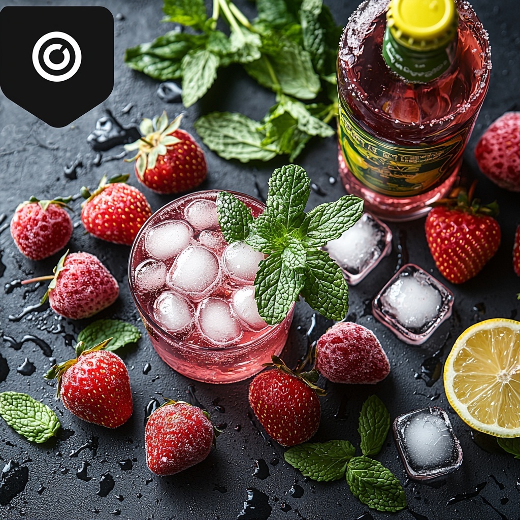 frozen strawberries thawed, simple syrup in a small glass bowl, bottle of Pink Moscato Champagne with pink-tinged glass, lemon lime soda bottle with bright green and yellow label, clear ice cubes scattered, fresh mint sprigs with vibrant green leaves, whole ripe strawberries with rich red color and green tops, all neatly arranged on a clean white textured surface with subtle natural light casting soft shadows, ingredients spaced evenly in a harmonious layout highlighting contrasting colors and textures, fresh and inviting aesthetic, overhead shot, top down view, flat lay photography, professional food styling --ar 1:1 --q 2 --s 750 --v 6.1