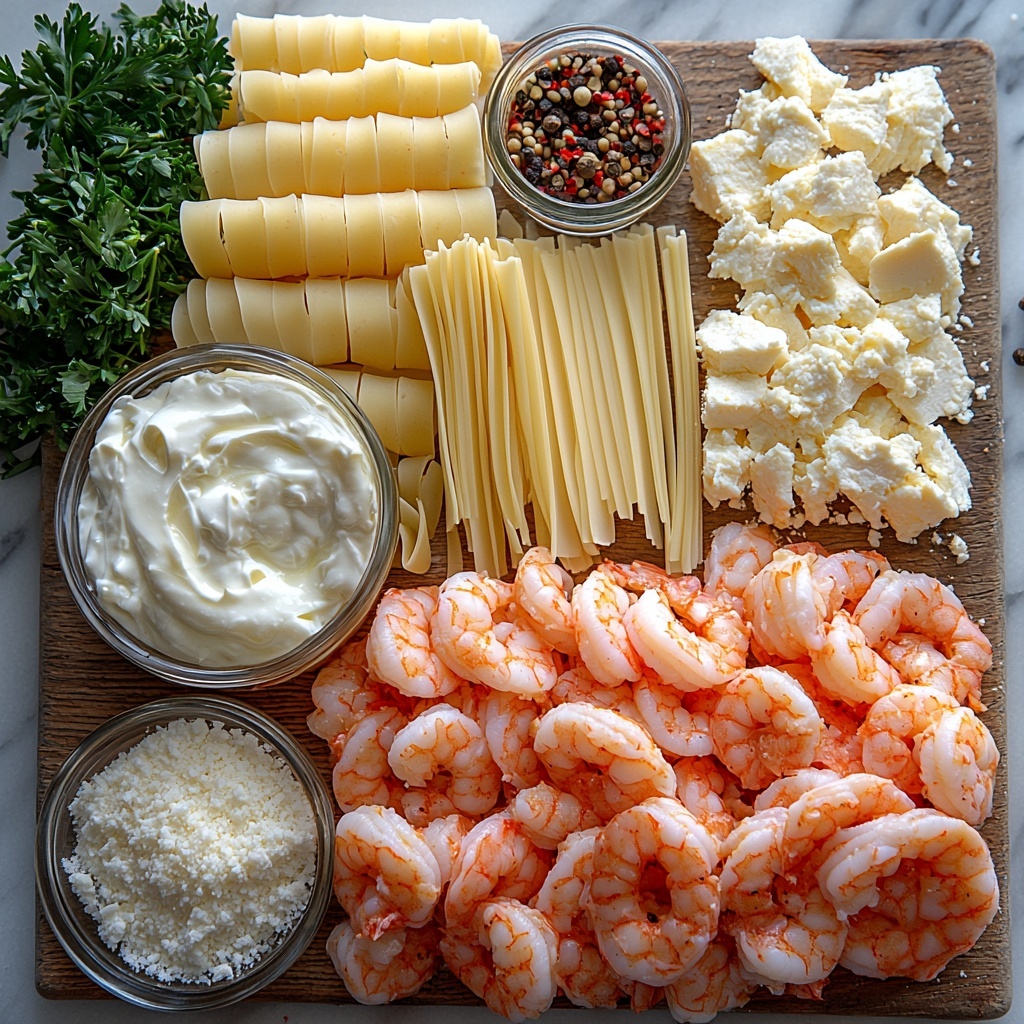 Shrimp peeled and deveined, bright pink and fresh, arranged next to a pile of white and flaky crab meat on a clean white ceramic plate; uncooked golden-yellow lasagna noodles fanned out in a neat stack nearby; creamy white ricotta cheese in a small rustic bowl with a silver spoon, shredded mozzarella cheese forming a soft snowy mound, and grated Parmesan cheese sprinkled lightly on a textured wooden board; a glass jar of smooth, glossy Alfredo sauce alongside a small jug of thick heavy cream, both creamy off-white; two cloves of garlic minced finely on a wooden cutting board with a small drizzle of golden olive oil in a tiny dish; fresh bright green chopped parsley scattered casually around, salt and black pepper in small clear glass bowls, with a pinch of deep red crushed red pepper flakes nearby; golden brown breadcrumbs sprinkled loosely on a small white plate; all ingredients thoughtfully arranged on a clean light marble surface with soft natural light highlighting the varying textures of creamy, flaky, and smooth elements, subtle shadows adding depth, styled with minimal props such as a rustic linen napkin and a few fresh parsley sprigs for color contrast, overhead shot, top down view, flat lay photography, professional food styling --ar 1:1 --q 2 --s 750 --v 6.1