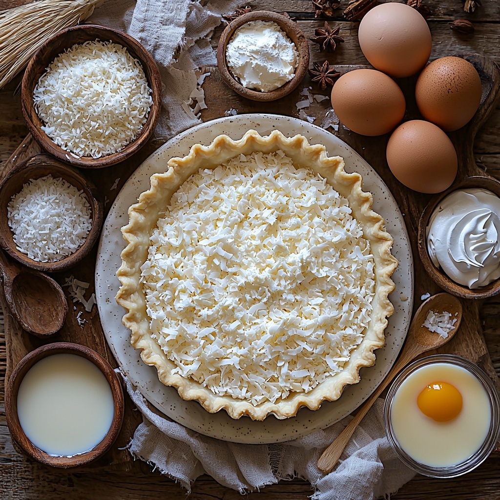 A clean, bright surface with all the main ingredients for a coconut pie neatly arranged in an inviting flat lay: a pristine, unbaked 9-inch flaky pie crust on a rustic white ceramic plate; a small glass bowl filled with smooth, glossy cream of coconut showcasing its creamy texture; a separate bowl of sweetened shredded coconut with fluffy, fine white flakes; three large fresh brown eggs neatly placed nearby; a small clear bowl of fine white granulated sugar; a glass measuring cup with creamy whole milk or heavy cream displaying a silky, pale liquid; a small dish holding warm golden melted unsalted butter with a glossy sheen; a tiny glass container of pure vanilla extract with dark amber liquid; a pinch of fine sea salt in a delicate porcelain spoon; a dollop of soft, billowy whipped cream in a petite bowl; a small bowl of toasted coconut flakes with rich golden-brown, crispy texture; all elements spaced evenly with soft natural light casting gentle shadows, highlighting the varied textures and creamy whites contrasted with warm browns and gold hues. The composition feels fresh, inviting, and organized, with subtle props like a wooden spoon and linen napkin adding warmth and authenticity to the styling. Overhead shot, top down view, flat lay photography, professional food styling --ar 1:1 --q 2 --s 750 --v 6.1
