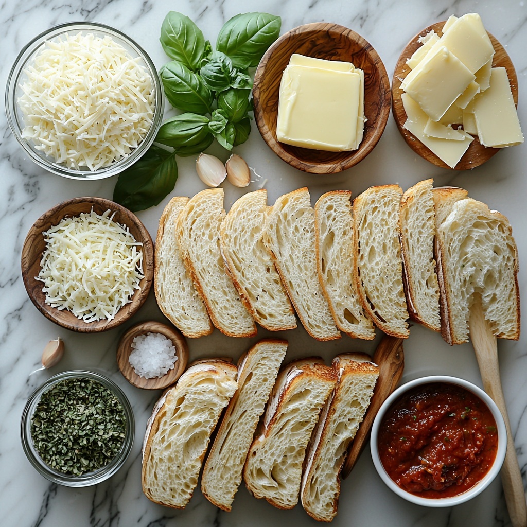 A clean white marble surface with all main ingredients for pizza grilled cheese sandwiches neatly arranged in an appealing flat lay: a small glass bowl of softened creamy butter next to a dish of finely grated pale yellow parmesan cheese, a small wooden bowl filled with vibrant green Italian seasoning herbs, a tiny ceramic spoon with off-white garlic powder, a small pinch bowl with fine sea salt crystals; nearby, eight thick rustic slices of sourdough bread stacked in a slight fan showing their golden crust and airy crumb; a clear glass bowl heaped with shredded mozzarella cheese, soft and snowy white; a small white ramekin filled with rich red, slightly chunky pizza sauce; and a neat pile of thinly sliced bright red pepperoni with marbled fat, edges slightly curled. The ingredients are spaced evenly with natural light casting soft shadows, styled with minimal props like a wooden spoon and a sprig of fresh basil for color contrast. Overhead shot, top down view, flat lay photography, professional food styling --ar 1:1 --q 2 --s 750 --v 6.1