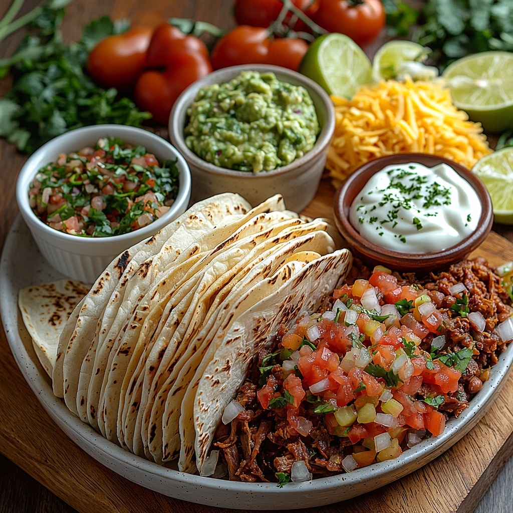 flour tortillas stacked neatly on a white ceramic plate, warm and soft texture visible; a bowl of fluffy cilantro lime rice with bright green flecks of cilantro; two small bowls of warm, glossy pinto beans, drained but saucy sheen reflecting light; a rustic wooden board with tender, golden-brown shredded carnitas piled high; a small ramekin of shredded Monterey Jack and Mexican blend cheese, creamy white and pale yellow strands; a bowl of fresh tomato salsa with vibrant red and green colors, chunks of tomatoes, red onion, and jalapeño peppers visible; a smooth cup of chipotle guacamole, rich green color with a creamy texture; a dollop of sour cream in a small dish, pure white and velvety; loose sprigs of fresh bright green cilantro scattered around; additional ingredients include diced ripe Roma tomatoes, finely chopped red onion, small finely chopped jalapeño peppers, a wedge of fresh lime and lemon, all arranged artfully on a clean light wooden surface, natural light casting soft shadows to enhance textures, colorful and fresh combination, minimal rustic props to keep focus on ingredients, overhead shot, top down view, flat lay photography, professional food styling --ar 1:1 --q 2 --s 750 --v 6.1