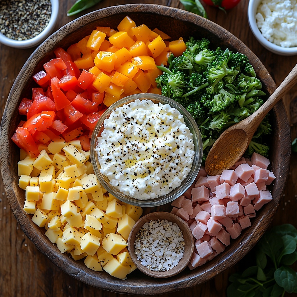 8 large eggs in a small rustic bowl, creamy white cottage cheese in a glass jar with a wooden spoon, a small bowl of shredded cheddar cheese vibrant orange, tiny white bowls holding salt, black pepper, garlic powder, and onion powder in neat piles, fresh bright green chopped spinach, colorful diced red and yellow bell peppers, small green broccoli florets, and diced pink ham cubes arranged artfully; all ingredients spaced evenly on a clean, light wooden surface with soft natural lighting highlighting the textures—the smoothness of cottage cheese, the flakes of shredded cheese, the fine powders of spices, and the freshness of vegetables; minimal shadows, subtle reflections, pops of color from the fresh produce, styled with a few fresh herb sprigs for extra visual interest, overhead shot, top down view, flat lay photography, professional food styling --ar 1:1 --q 2 --s 750 --v 6.1