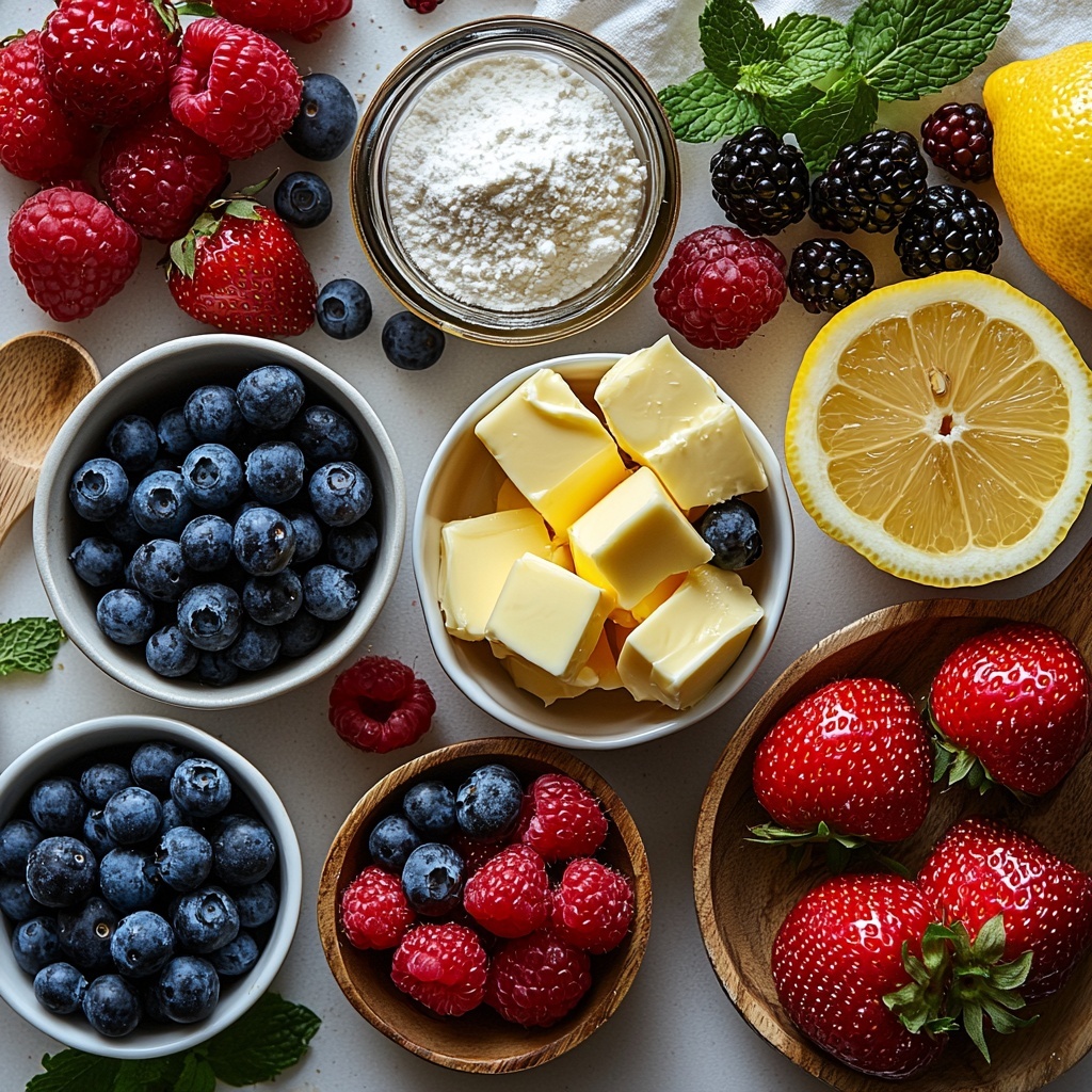 mixed fresh strawberries, blueberries, raspberries, blackberries in small rustic bowls, granulated sugar spilled lightly on a wooden spoon and small white ceramic bowl, cornstarch in a clear glass jar showing fine white powder, vanilla extract in a small glass bottle with dark amber liquid, fresh lemon sliced with bright yellow wedges, softened unsalted butter in a white butter dish with creamy texture, cracked brown eggshell halves and two whole large brown eggs on a linen napkin, all-purpose flour in a white ceramic bowl with a light dusting on the surface, baking powder and salt in small glass ramekins, ingredients arranged neatly on a clean white matte surface with natural soft lighting, subtle shadows adding depth, pops of vibrant berry reds, deep blueberry blues, creamy whites, warm buttery yellows, a few green mint leaves scattered for freshness, minimal rustic props including wooden spoons and linen cloth for texture contrast, modern professional food styling, overhead shot, top down view, flat lay photography, professional food styling --ar 1:1 --q 2 --s 750 --v 6.1