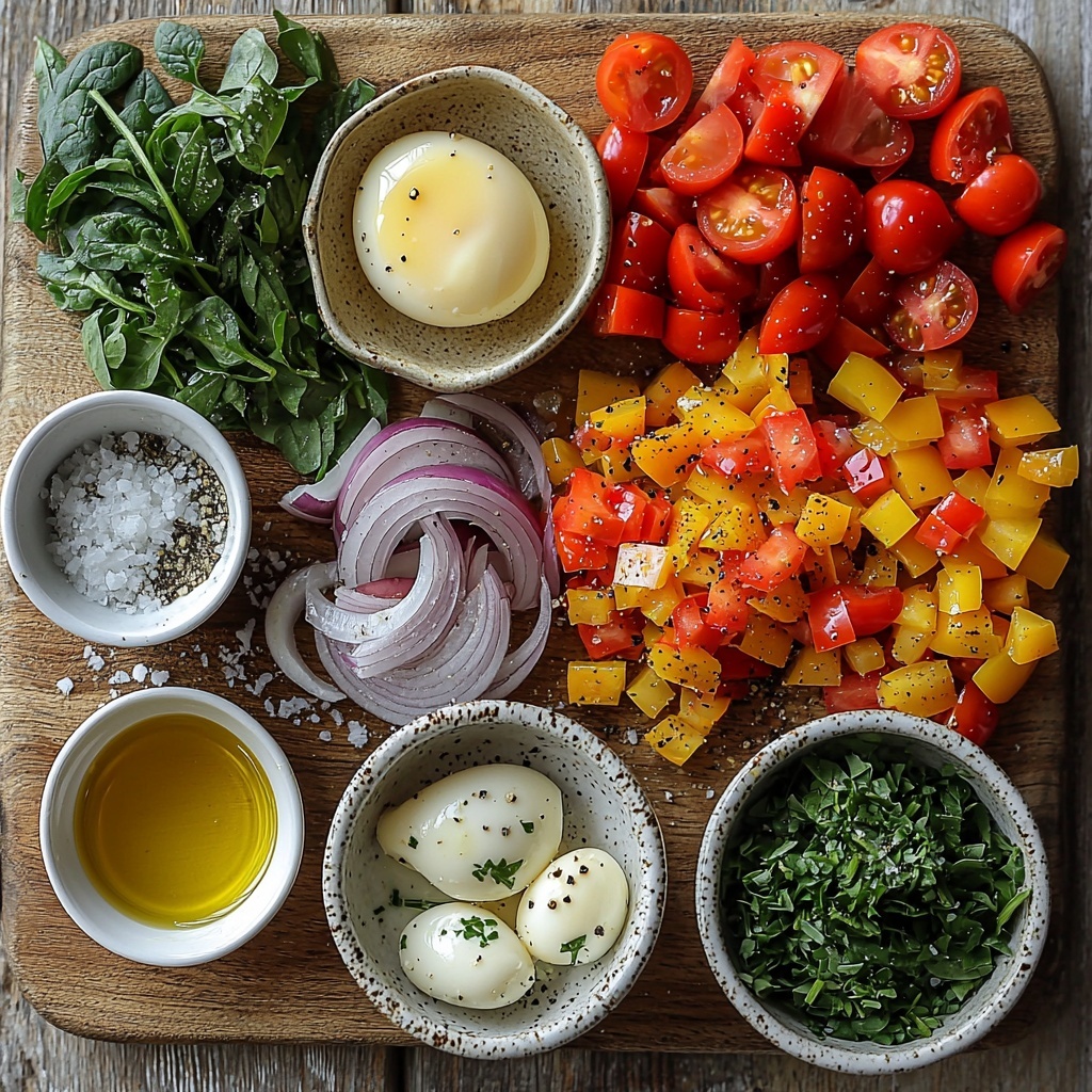 3 large fresh eggs in a small ceramic bowl, smooth white surface, next to a glass bowl with 2 tablespoons milk or water, small white dish with 1/4 teaspoon salt and a tiny bowl of freshly ground black pepper, a small dish of golden olive oil or a cube of creamy butter on a wooden cutting board, vibrant chopped onion white and purple pieces in a small pile, bright diced bell peppers in red, yellow, and green colors neatly arranged, juicy red chopped tomatoes in a rustic white bowl, fresh deep green chopped spinach or kale scattered artistically on a linen cloth, 2 tablespoons shredded pale yellow cheese in a small bowl, a small bunch of fresh green herbs like parsley or chives tied with twine, all laid out symmetrically on a clean light wood surface with natural soft daylight, subtle shadows creating depth, minimalistic styling with a casual yet elegant feel, overhead shot, top down view, flat lay photography, professional food styling --ar 1:1 --q 2 --s 750 --v 6.1