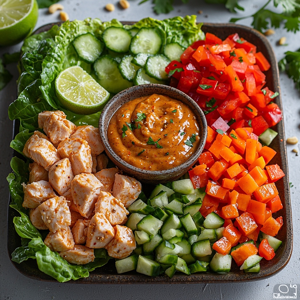 flat lay photography of fresh ingredients for peanut chicken lettuce wraps neatly arranged on a clean white surface, featuring raw boneless skinless chicken breasts seasoned with ground cumin, turmeric, salt, and pepper, a small bowl of creamy peanut butter sauce blended with honey, olive oil, rice vinegar, soy sauce, pepper, and cayenne pepper, vibrant large Boston lettuce leaves fanned out, thin matchstick slices of bright red bell pepper, crisp julienned orange carrots, fresh julienned Persian cucumbers with pale green skin, a small pile of chopped roasted peanuts, wedges of fresh lime, and sprigs of bright green cilantro scattered artistically, textures range from smooth peanut sauce to crunchy peanuts and crisp vegetables, natural soft lighting highlights vivid colors and freshness, slight shadows add depth, composition balanced with contrasting colors and organic shapes, overhead shot, top down view, flat lay photography, professional food styling --ar 1:1 --q 2 --s 750 --v 6.1